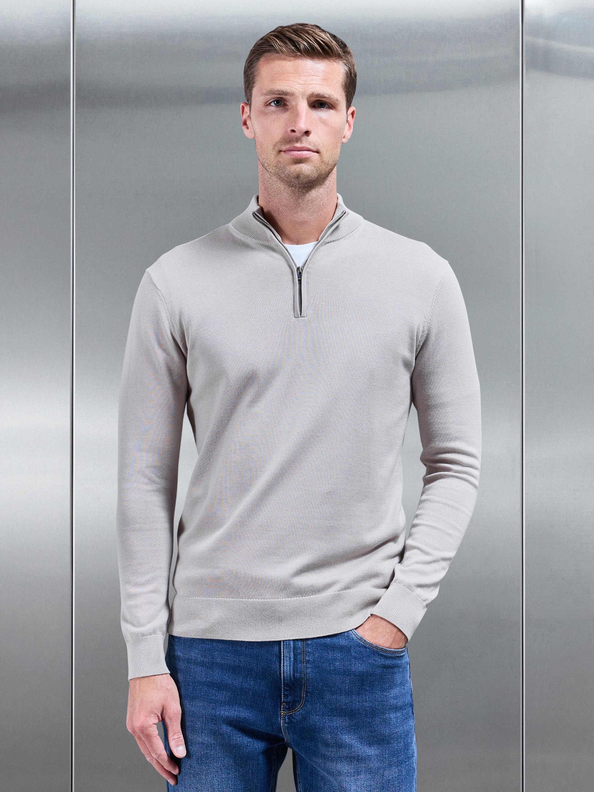 Mens Cotton Knitted Half Zip Funnel Neck Jumper in Stone