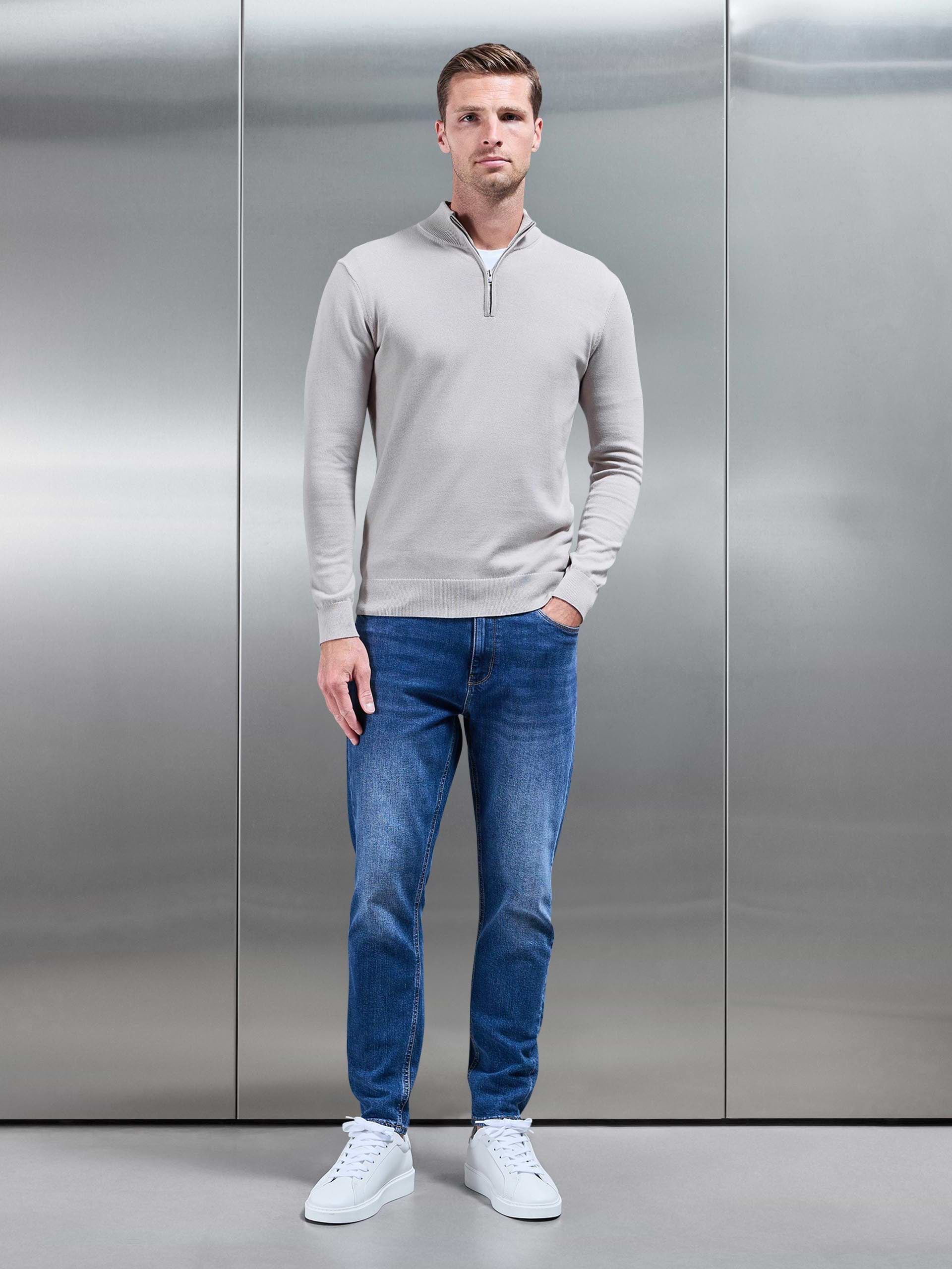 Cotton Knitted Half Zip Funnel Neck Jumper in Stone