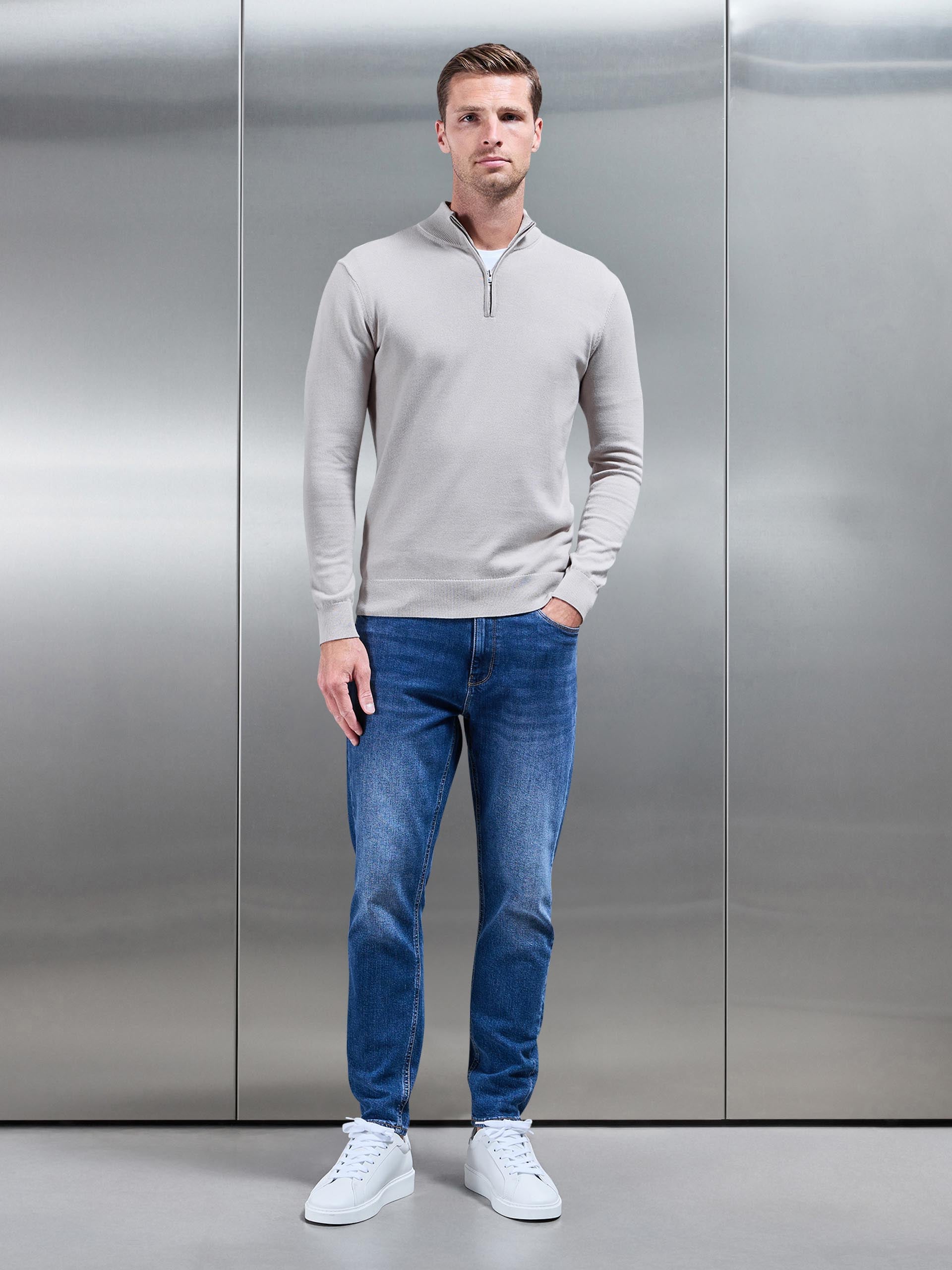 Mens Cotton Knitted Half Zip Funnel Neck Jumper in Stone