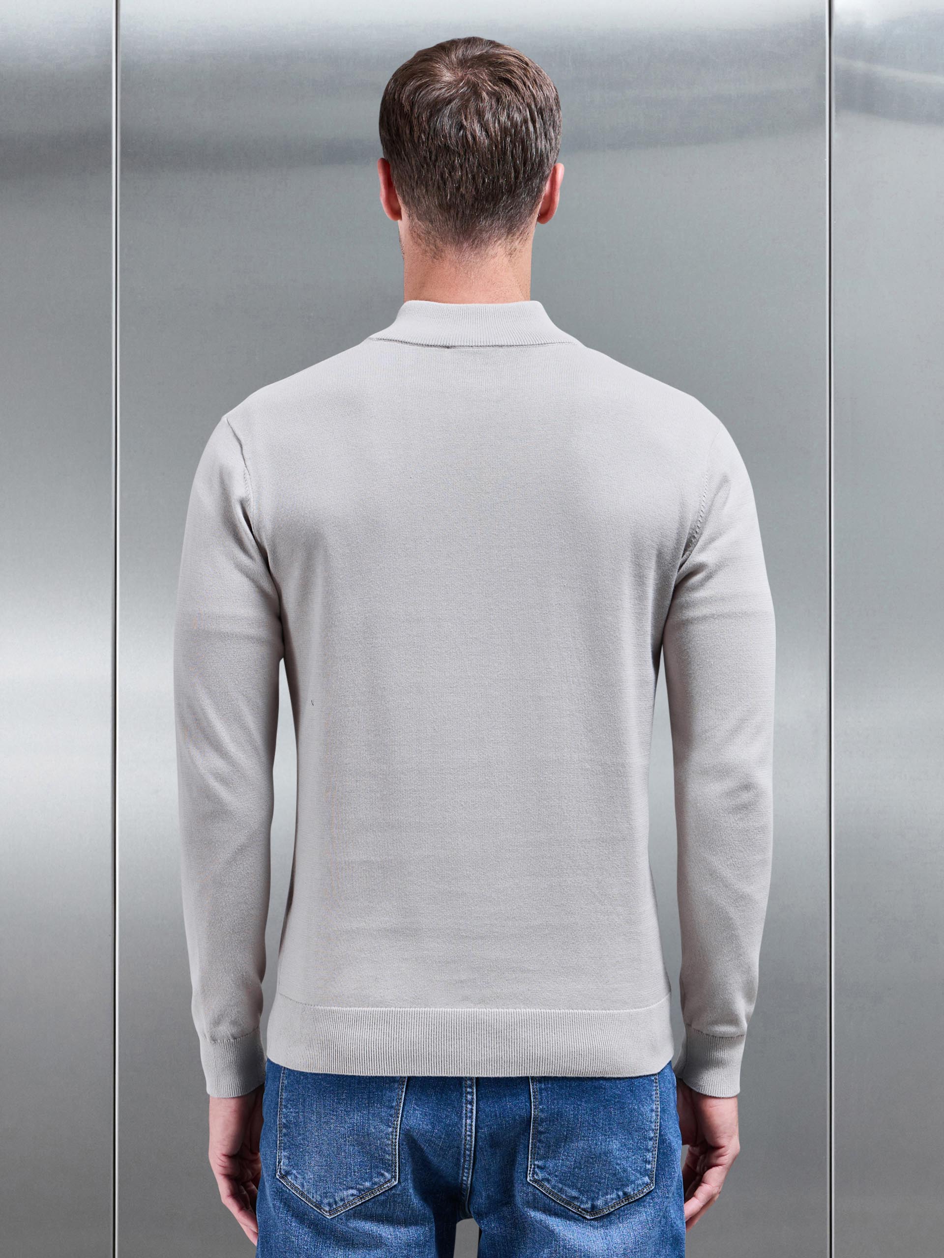 Mens Cotton Knitted Half Zip Funnel Neck Jumper in Stone