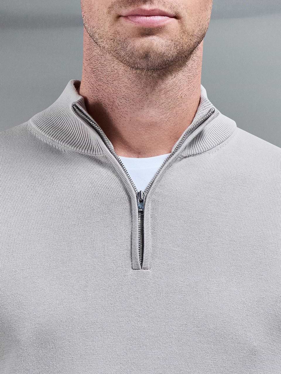 Cotton Knitted Half Zip Funnel Neck Jumper in Stone