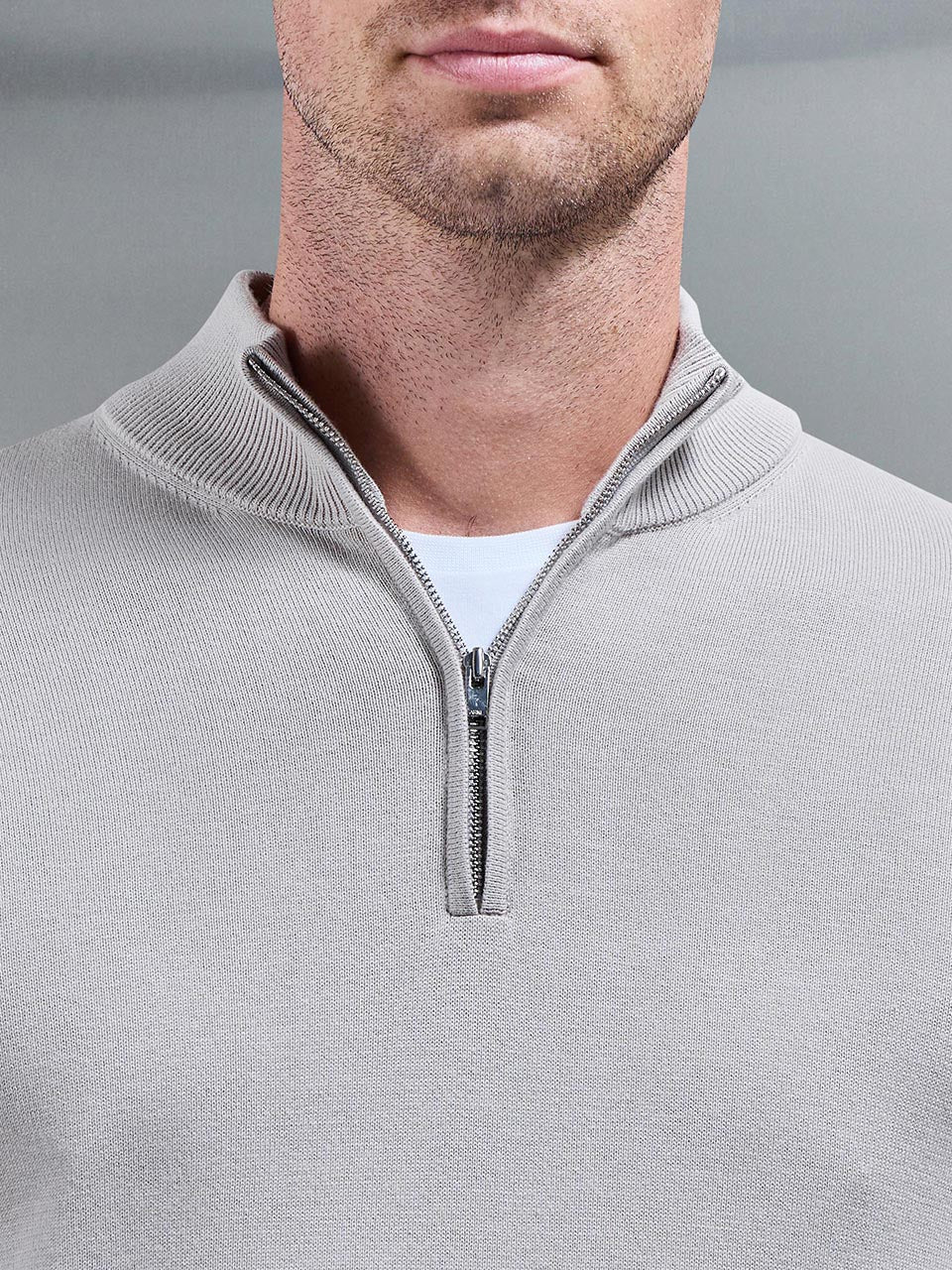 Mens Cotton Knitted Half Zip Funnel Neck Jumper in Stone
