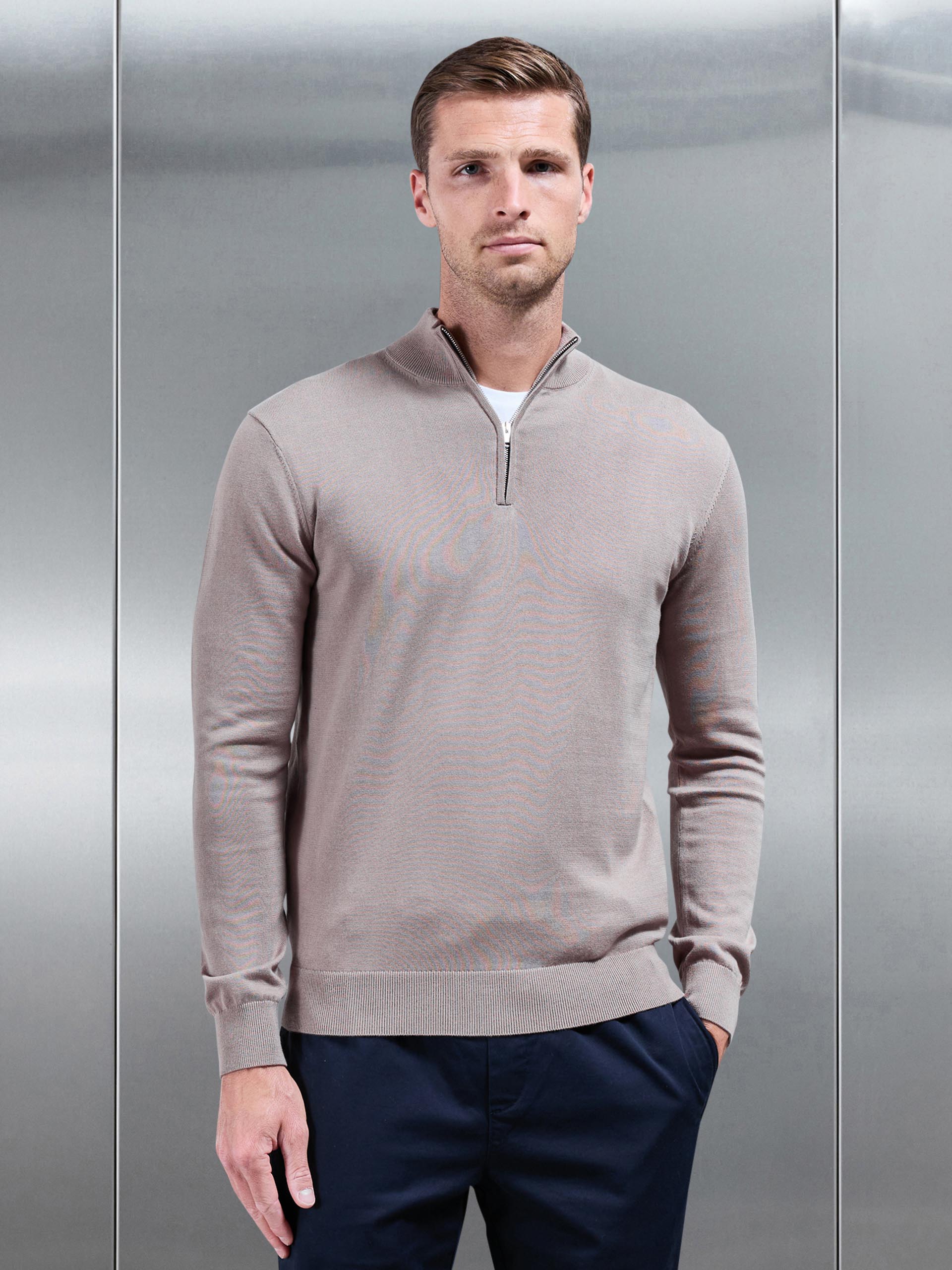 Mens Cotton Knitted Half Zip Funnel Neck Jumper in Taupe
