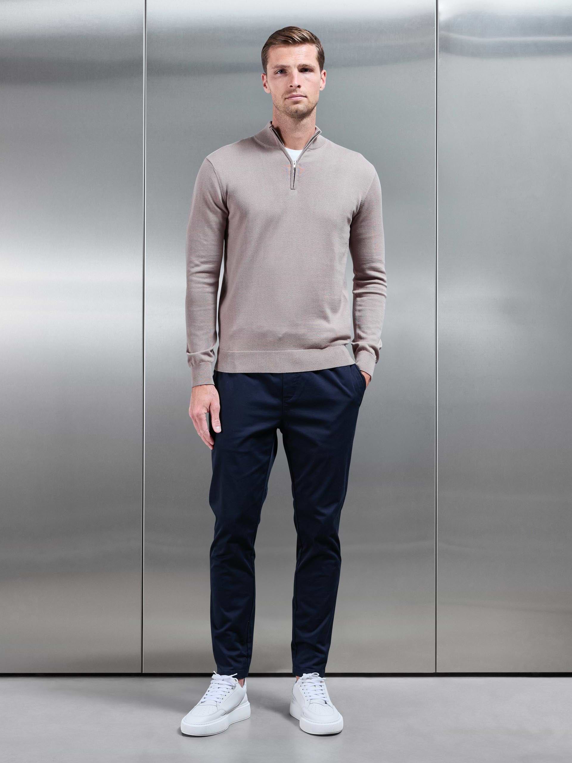 Cotton Knitted Half Zip Funnel Neck Jumper in Taupe