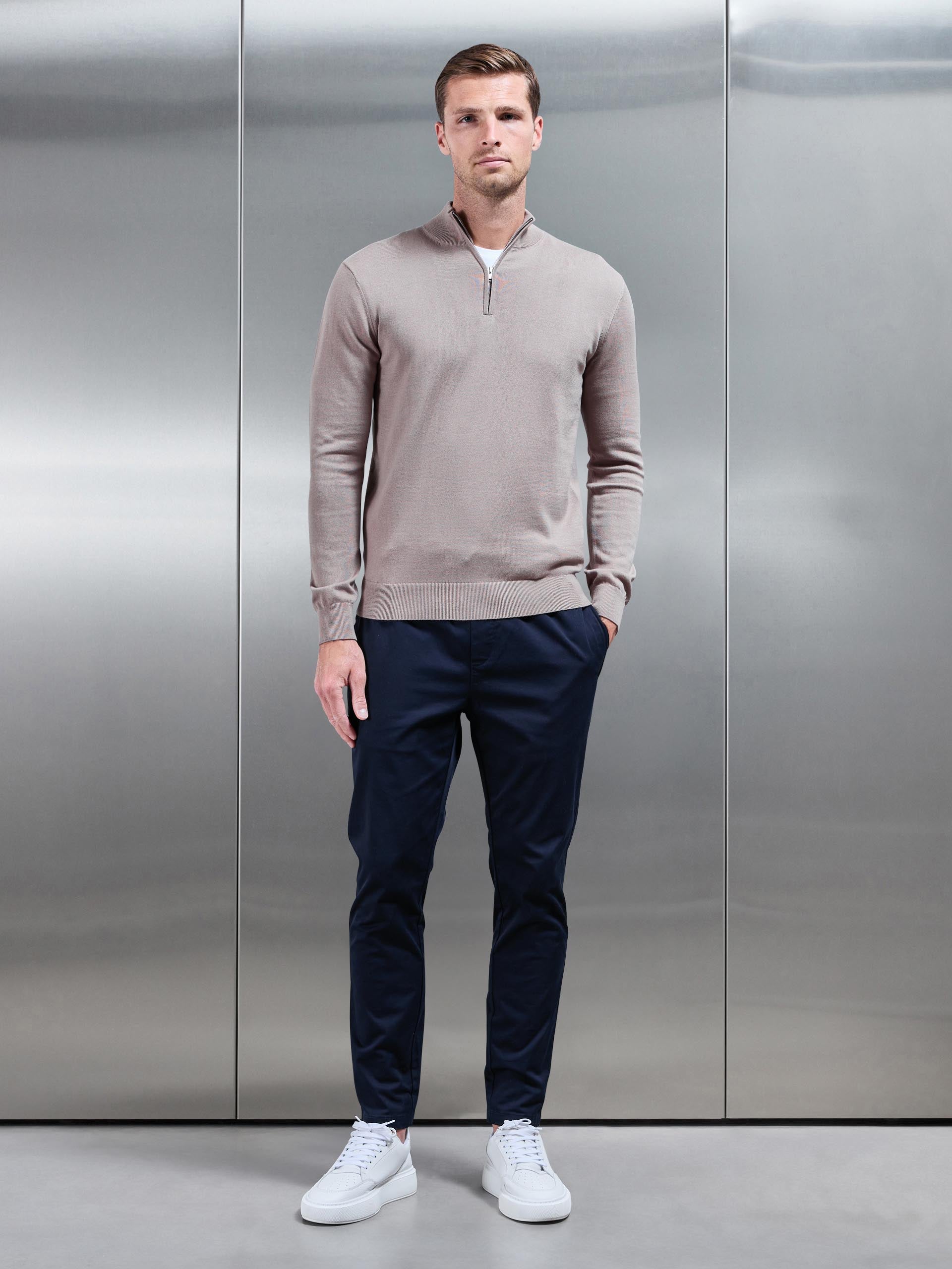 Mens Cotton Knitted Half Zip Funnel Neck Jumper in Taupe