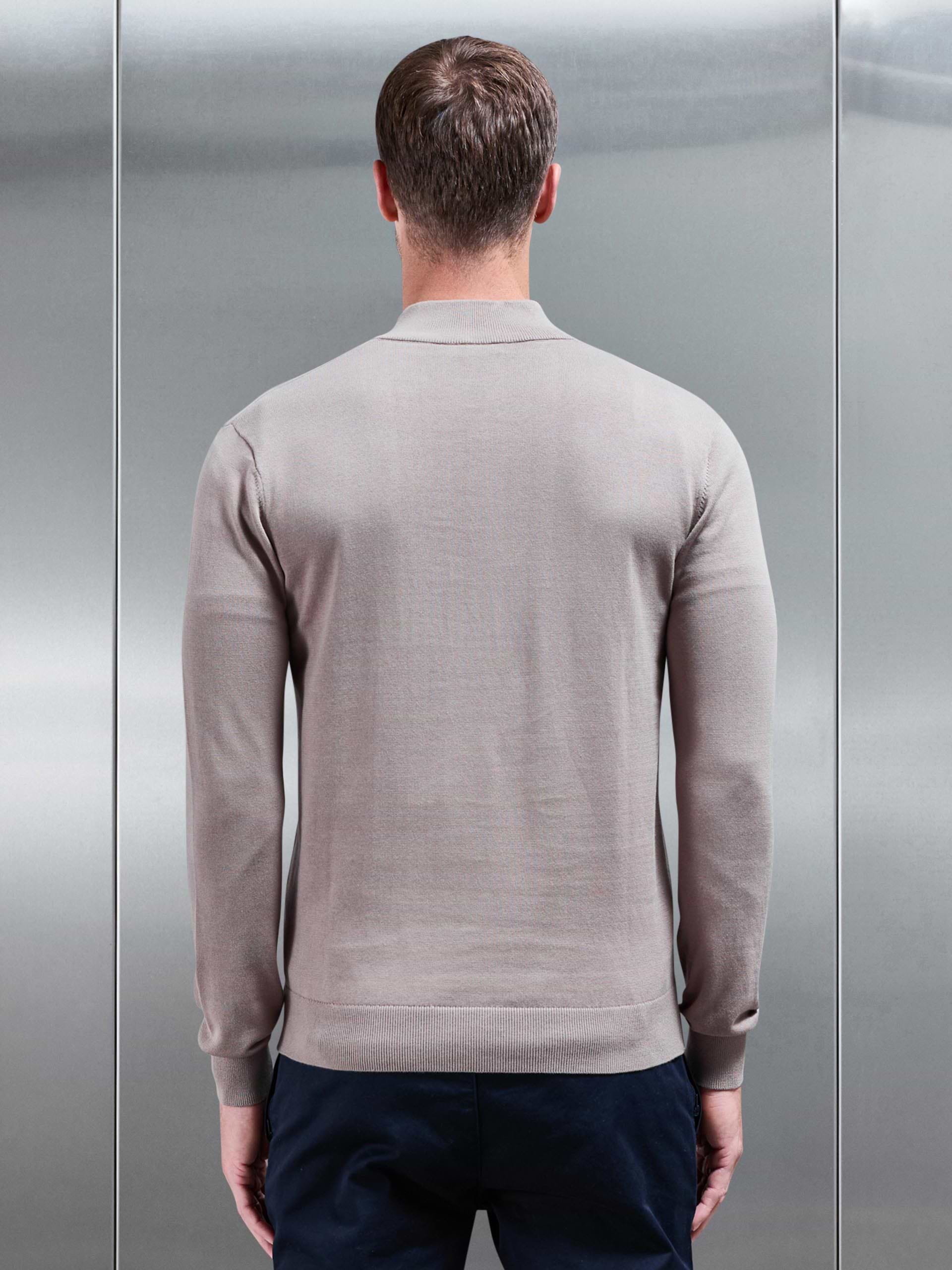 Cotton Knitted Half Zip Funnel Neck Jumper in Taupe