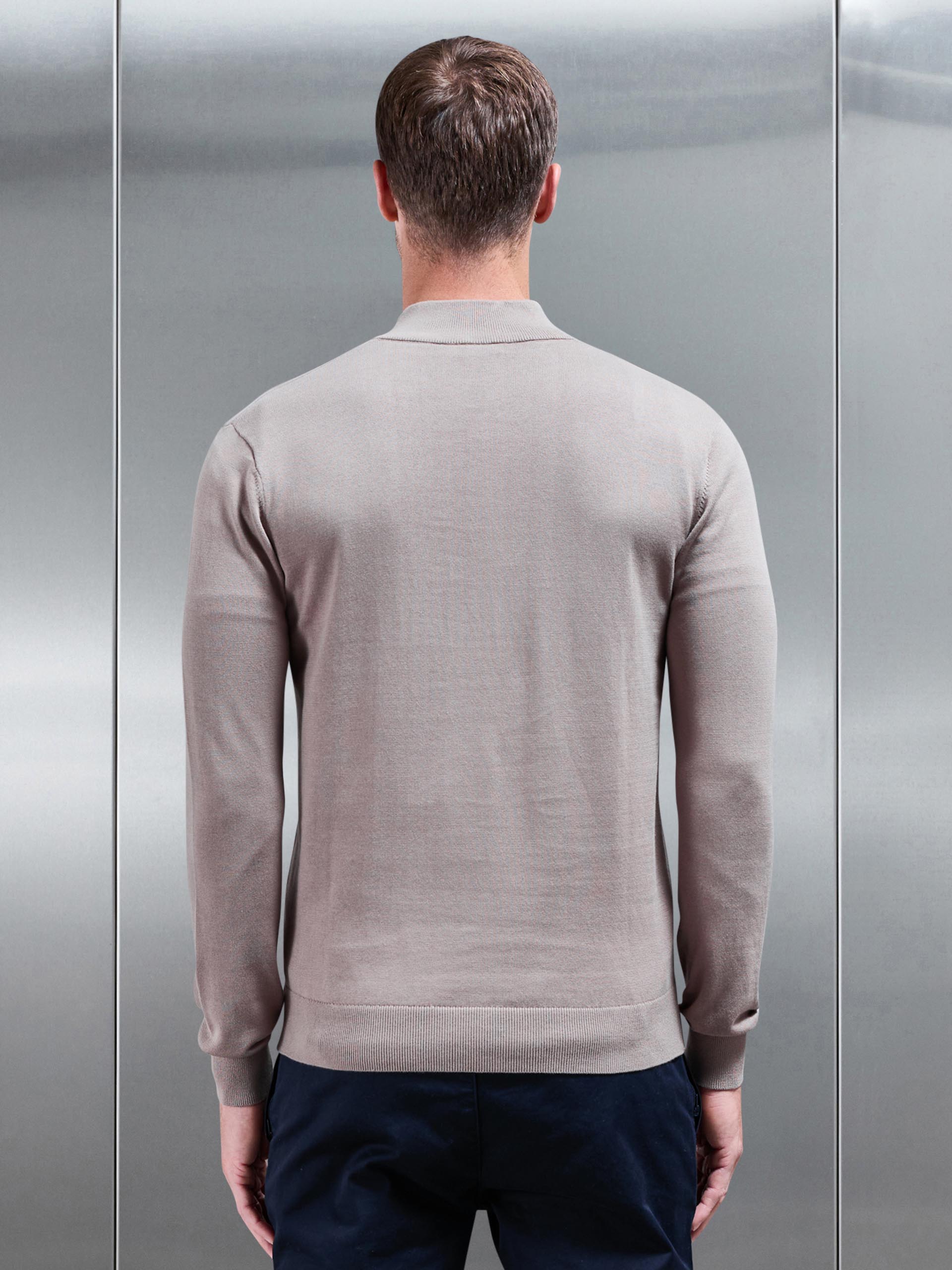 Mens Cotton Knitted Half Zip Funnel Neck Jumper in Taupe