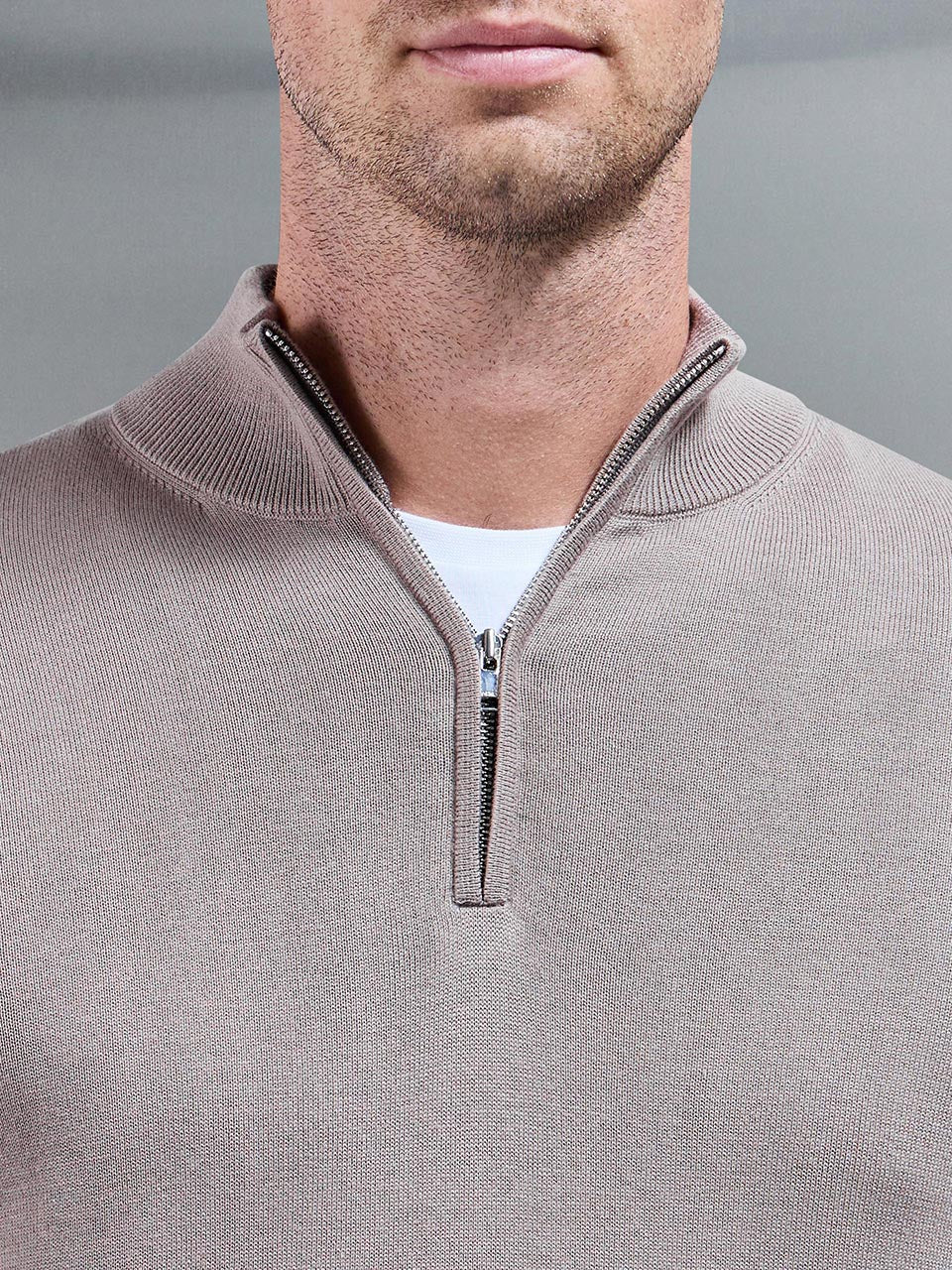 Mens Cotton Knitted Half Zip Funnel Neck Jumper in Taupe