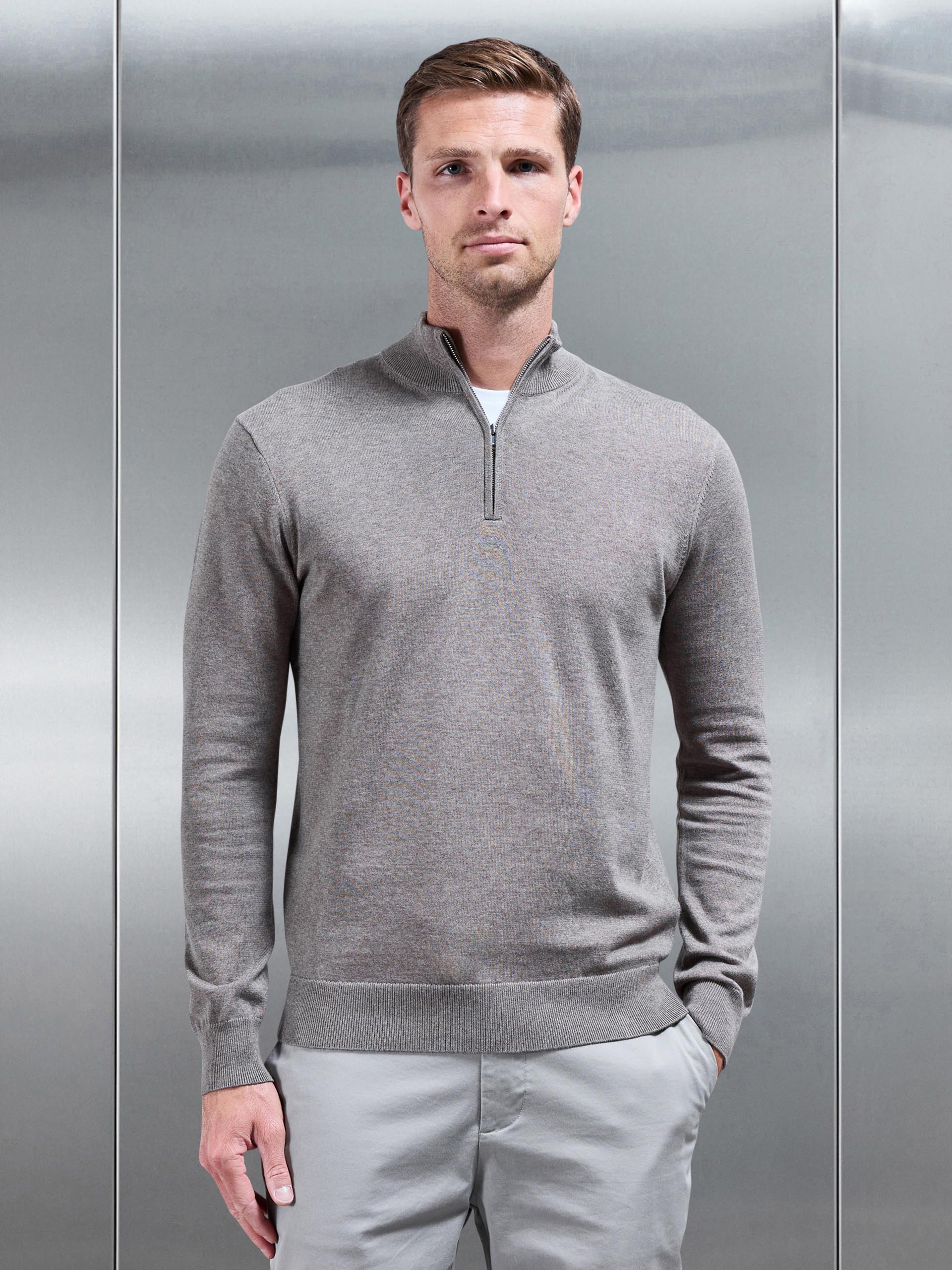 Mens Cotton Knitted Half Zip Funnel Neck Jumper in Taupe Marl
