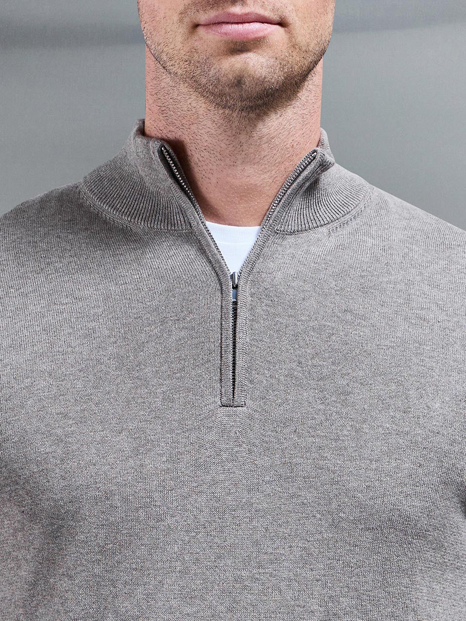 Mens Cotton Knitted Half Zip Funnel Neck Jumper in Taupe Marl