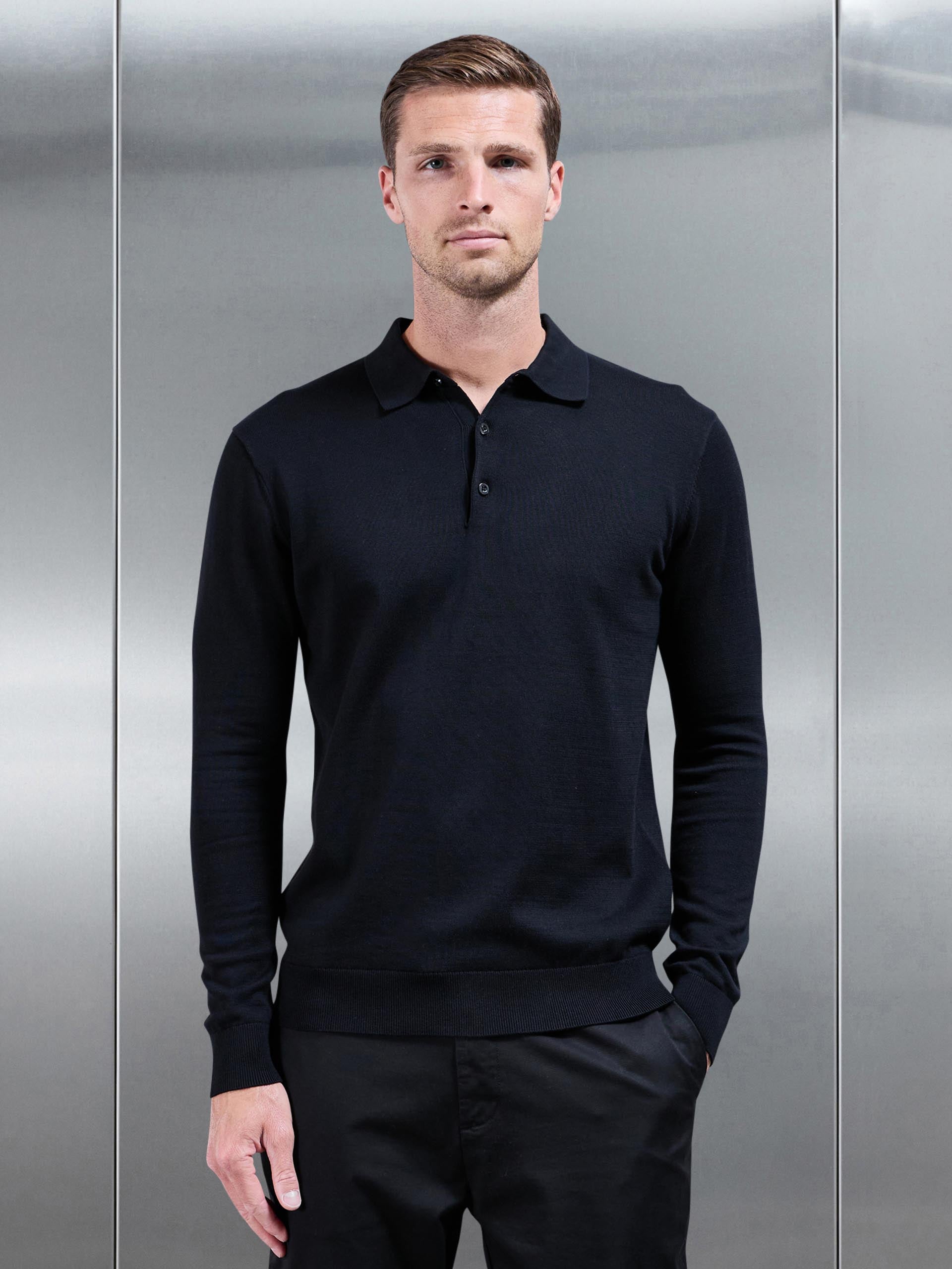 Mens Cotton Knitted Long Sleeve Button Polo Shirt in Black