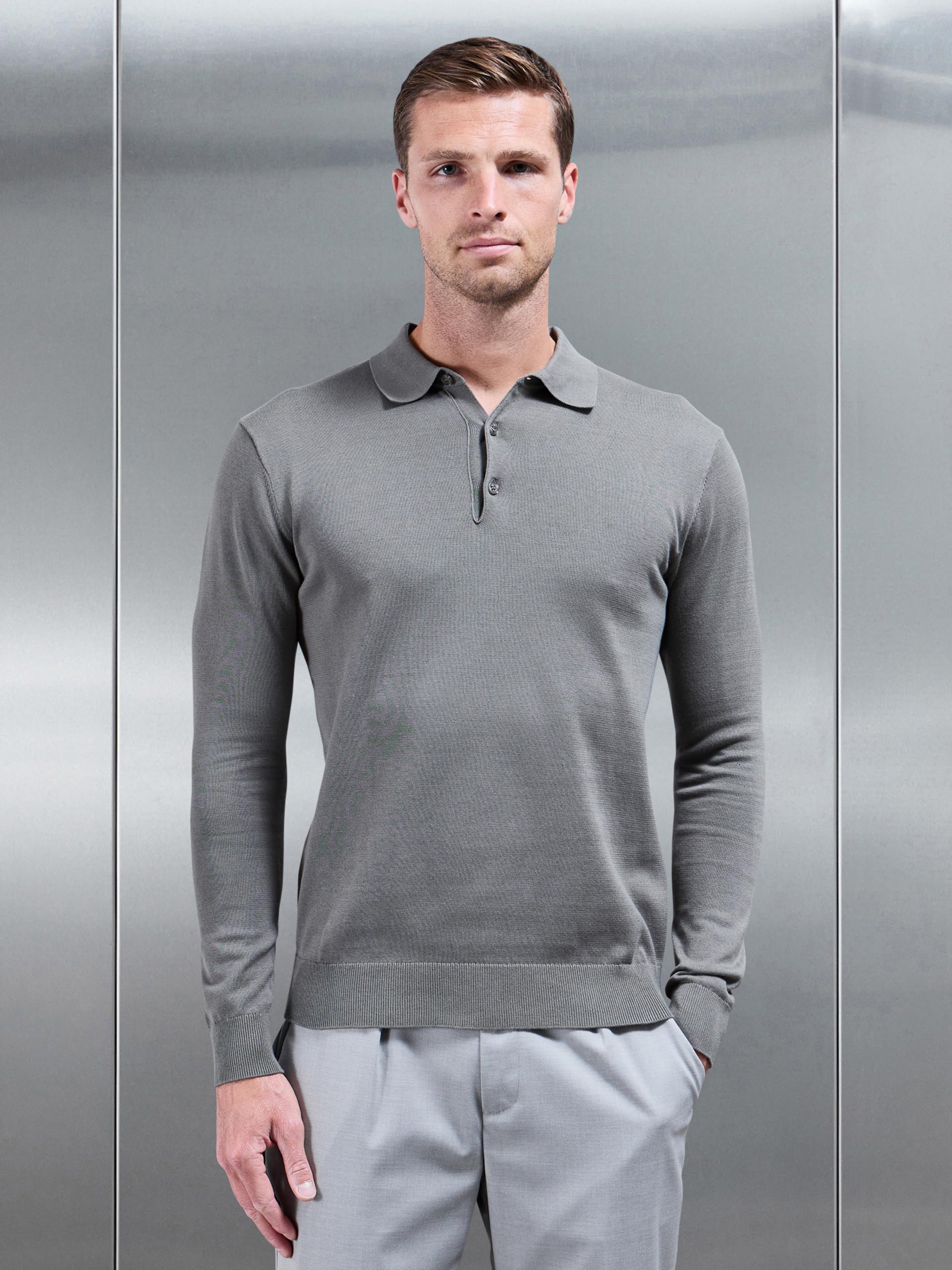 Mens Cotton Knitted Long Sleeve Button Polo Shirt in Sage