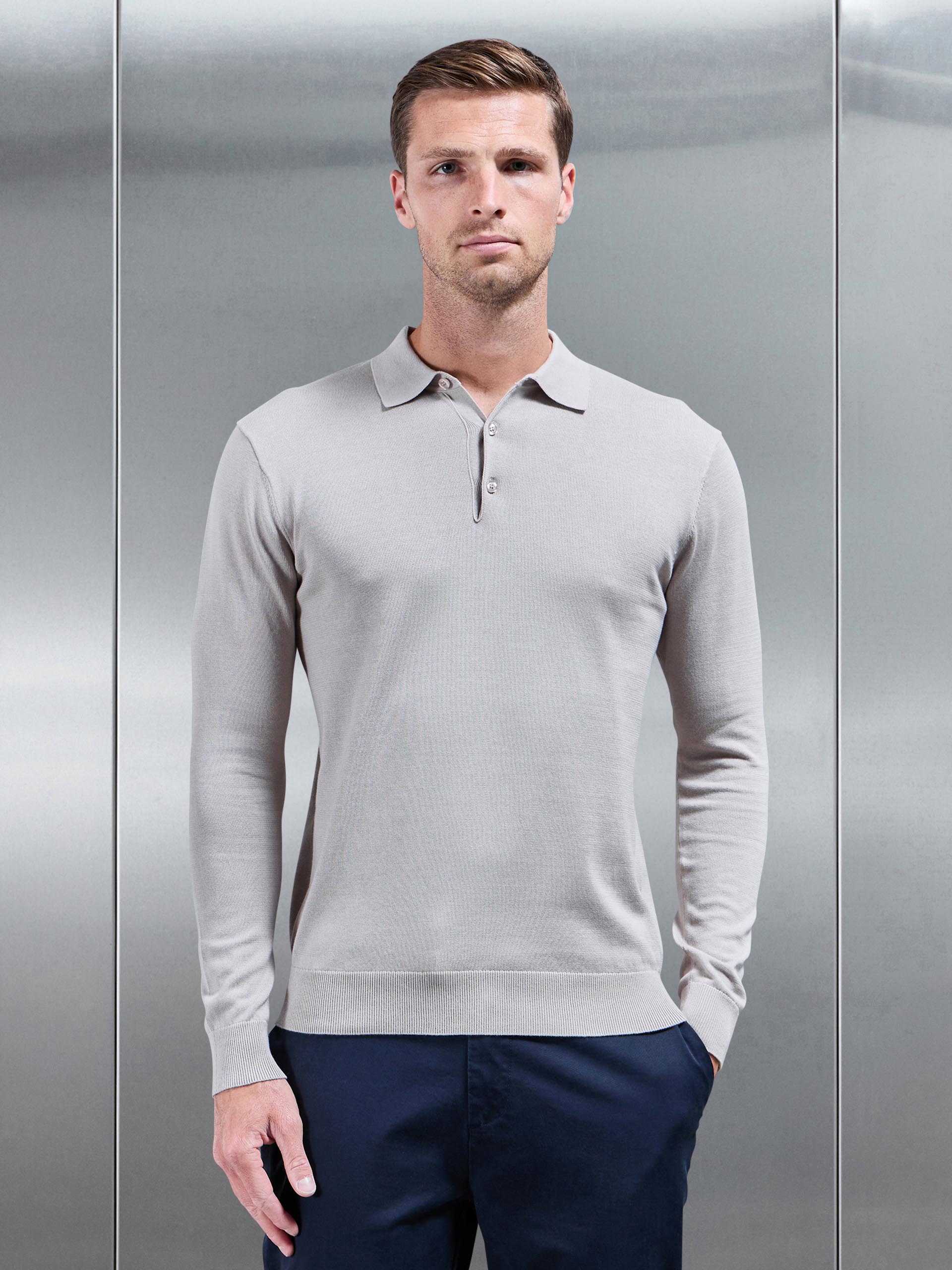 Mens Cotton Knitted Long Sleeve Button Polo Shirt in Stone