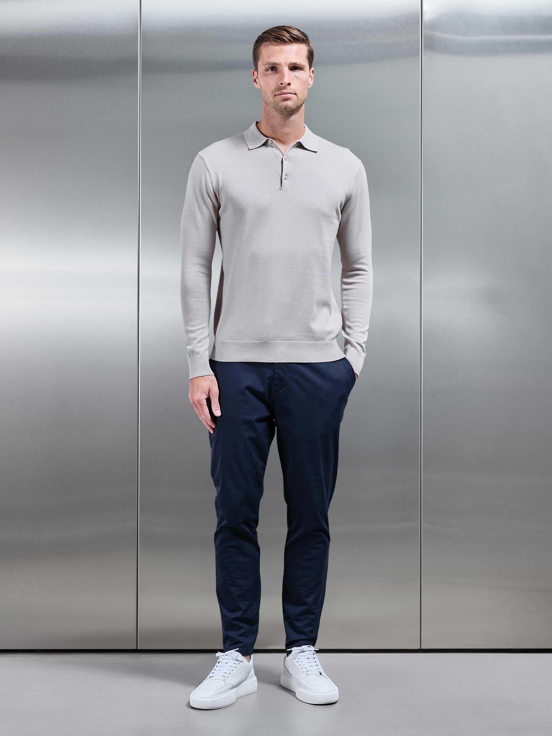 Mens Cotton Knitted Long Sleeve Button Polo Shirt in Stone