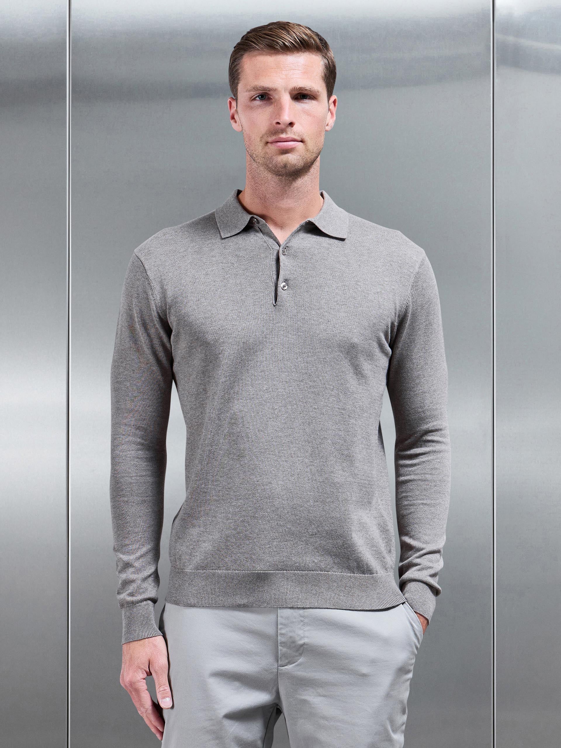Mens Cotton Knitted Long Sleeve Button Polo Shirt in Taupe Marl