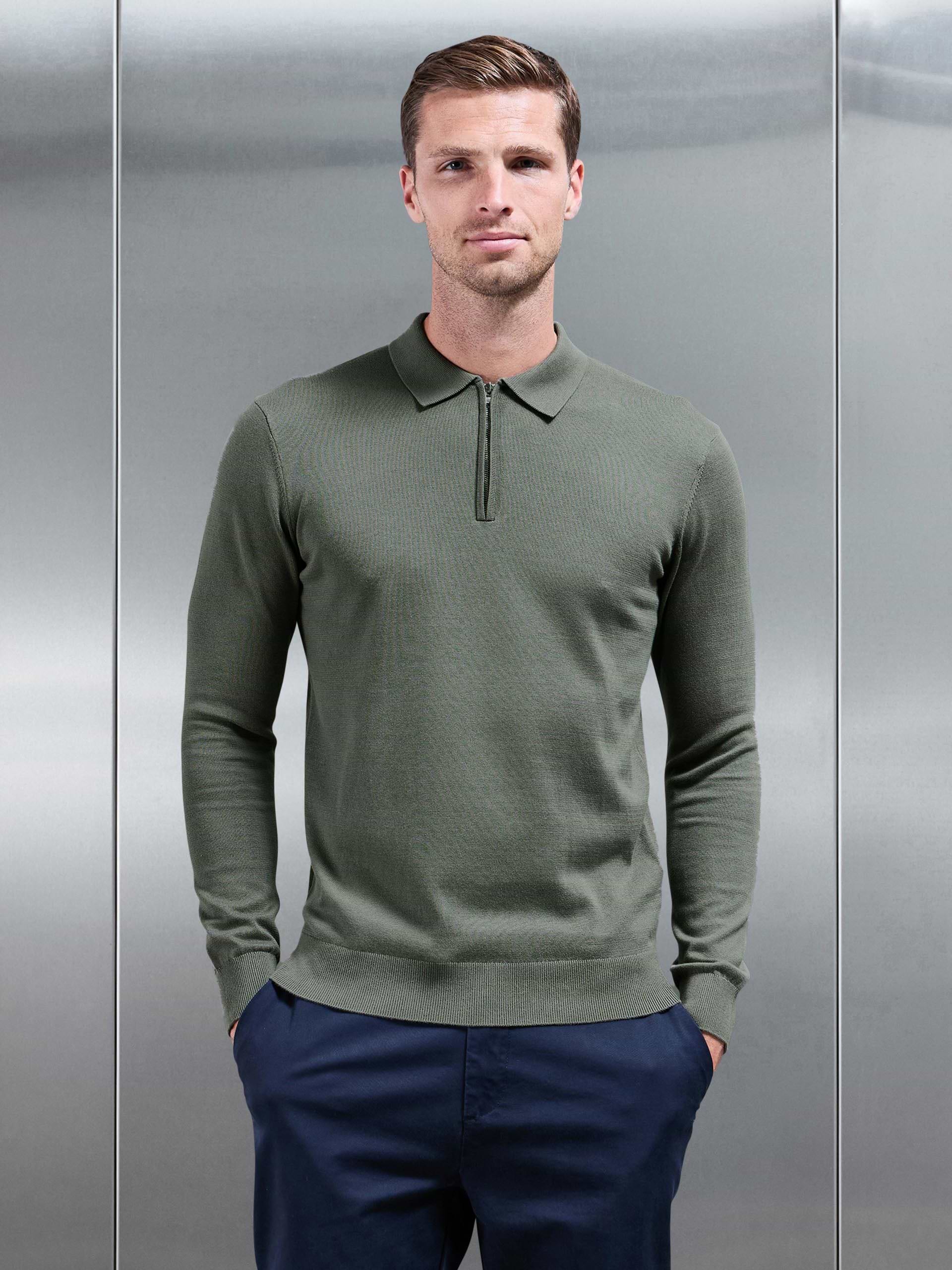 Cotton Knitted Long Sleeve Half Zip Polo Shirt in Sage