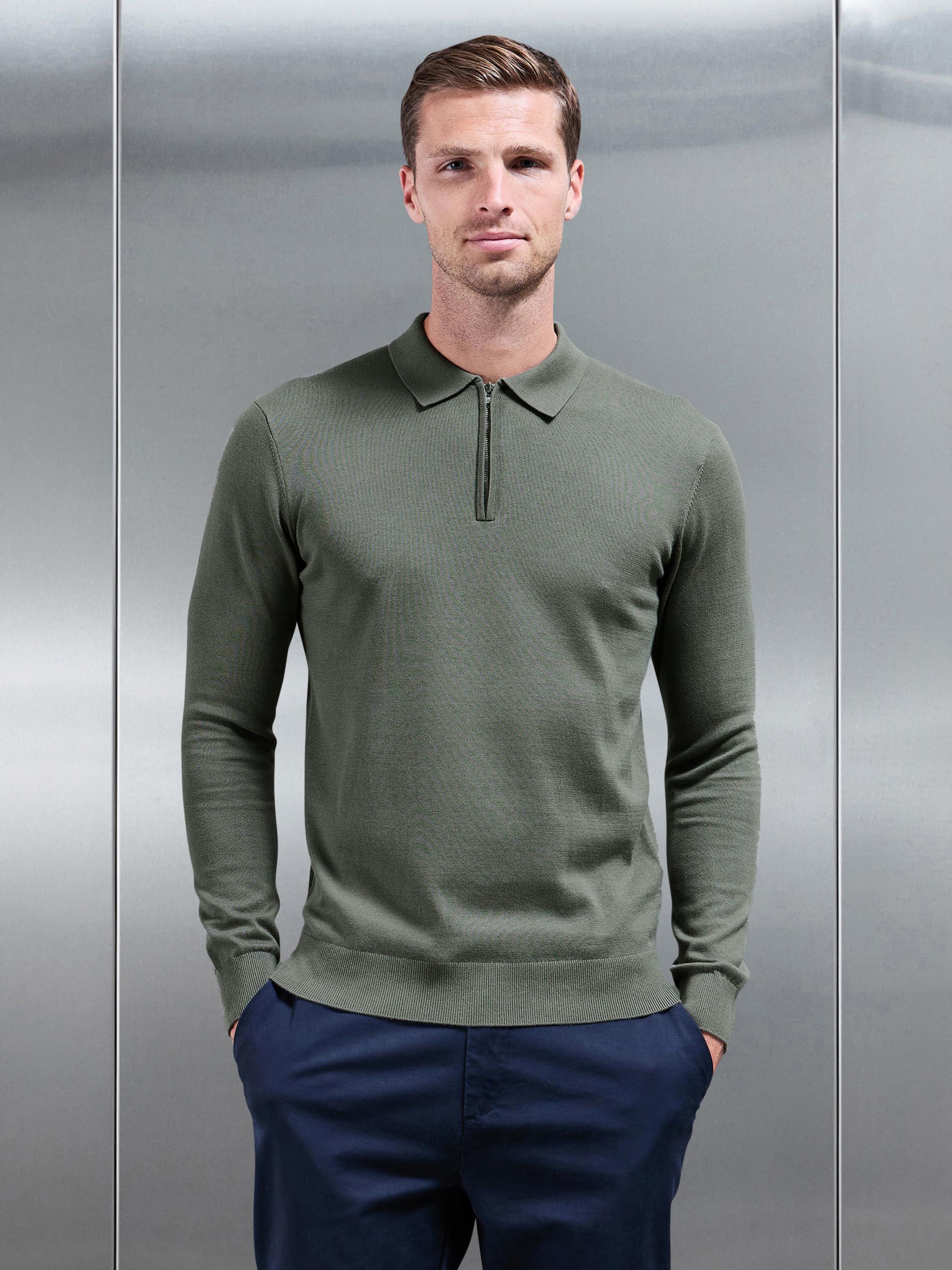 Cotton Knitted Long Sleeve Half Zip Polo Shirt in Sage