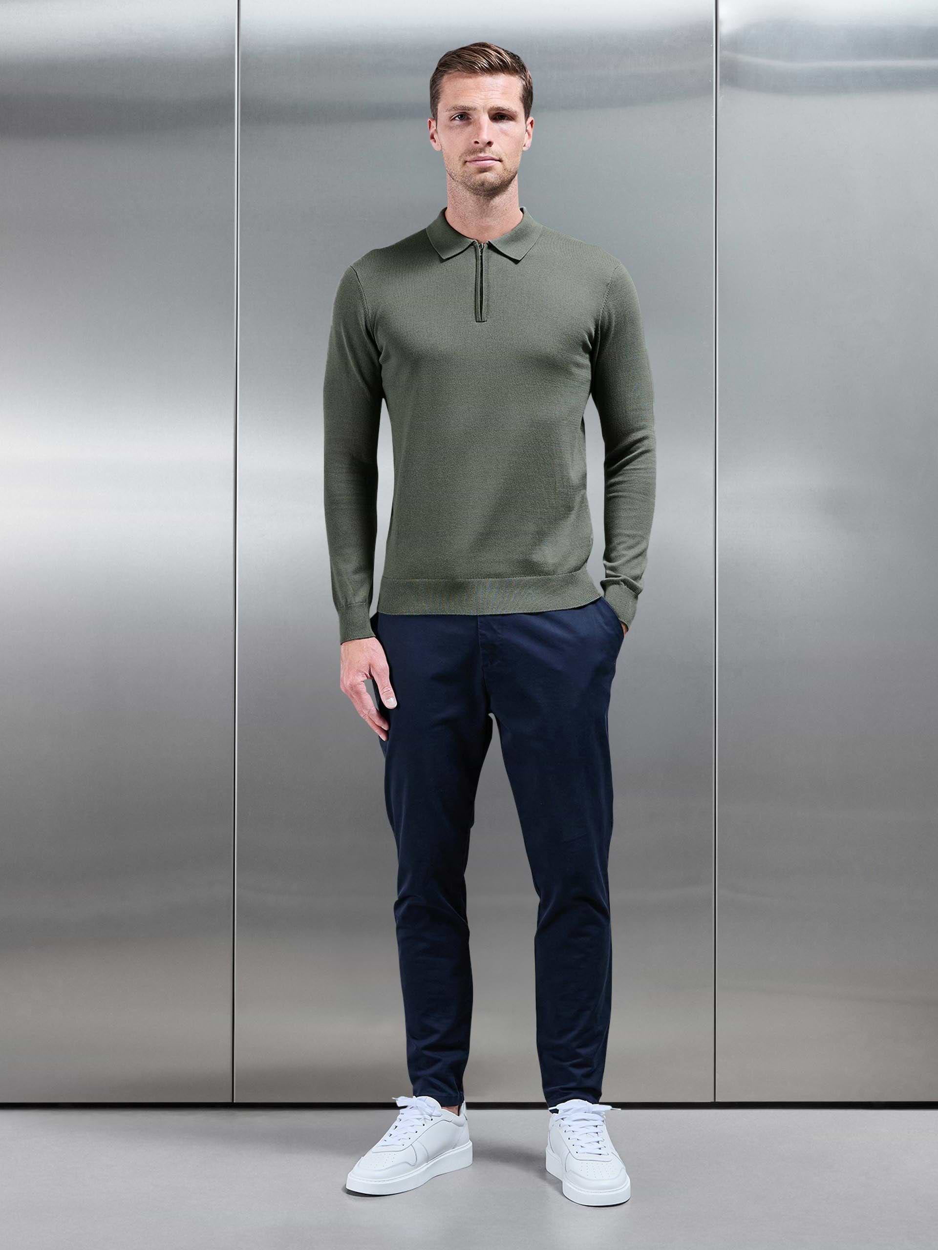 Cotton Knitted Long Sleeve Half Zip Polo Shirt in Sage