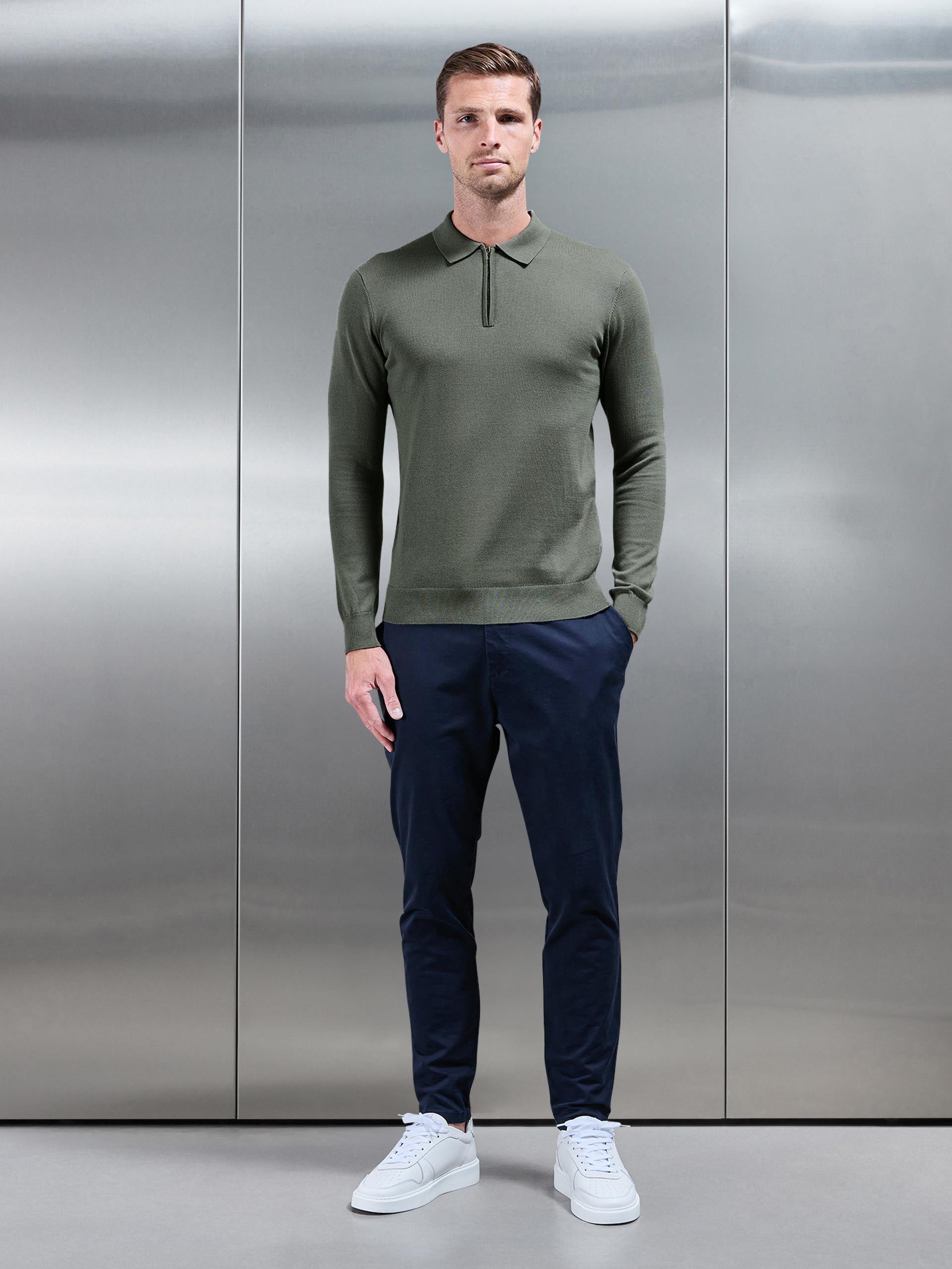 Cotton Knitted Long Sleeve Half Zip Polo Shirt in Sage