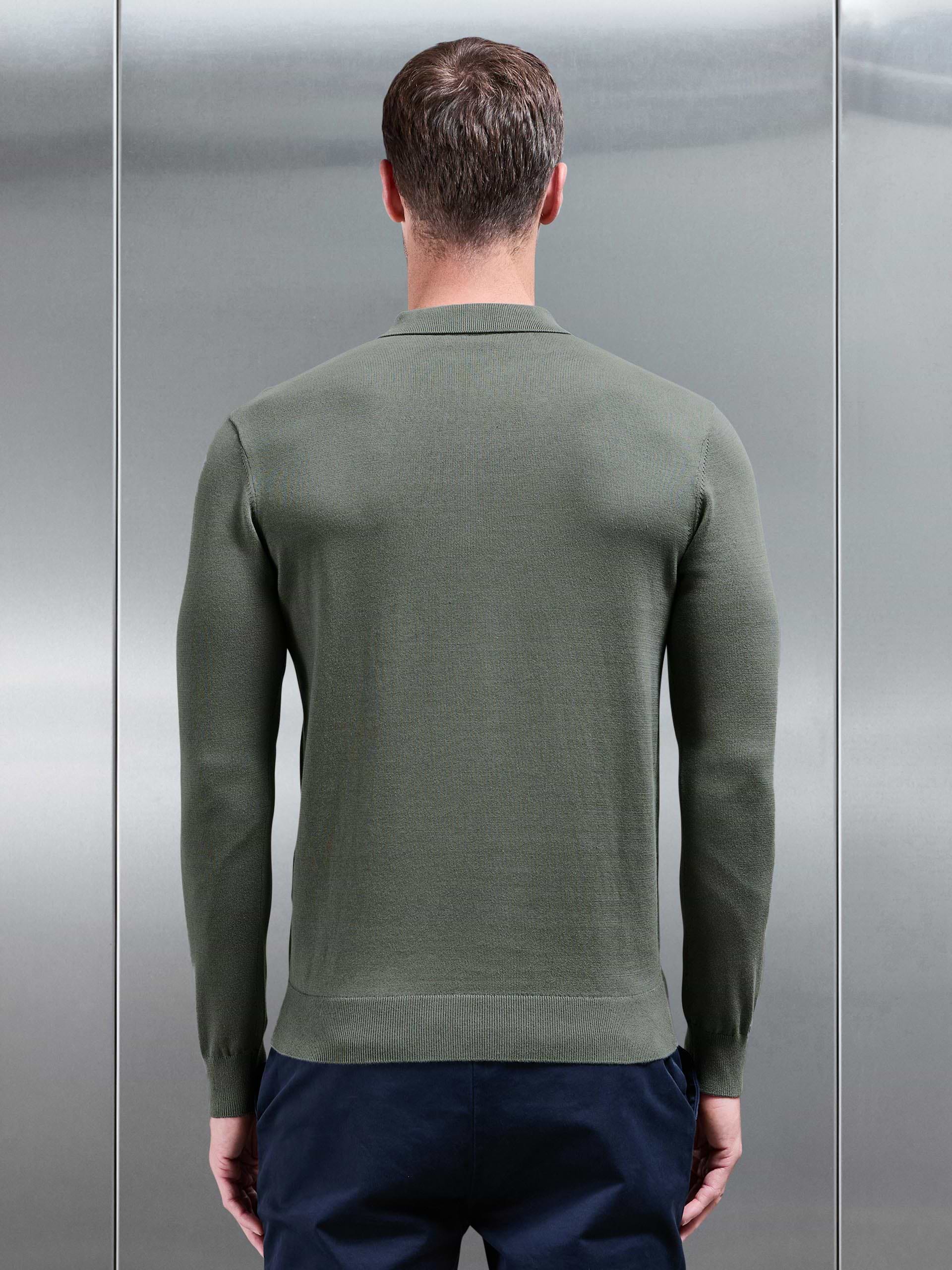 Cotton Knitted Long Sleeve Half Zip Polo Shirt in Sage