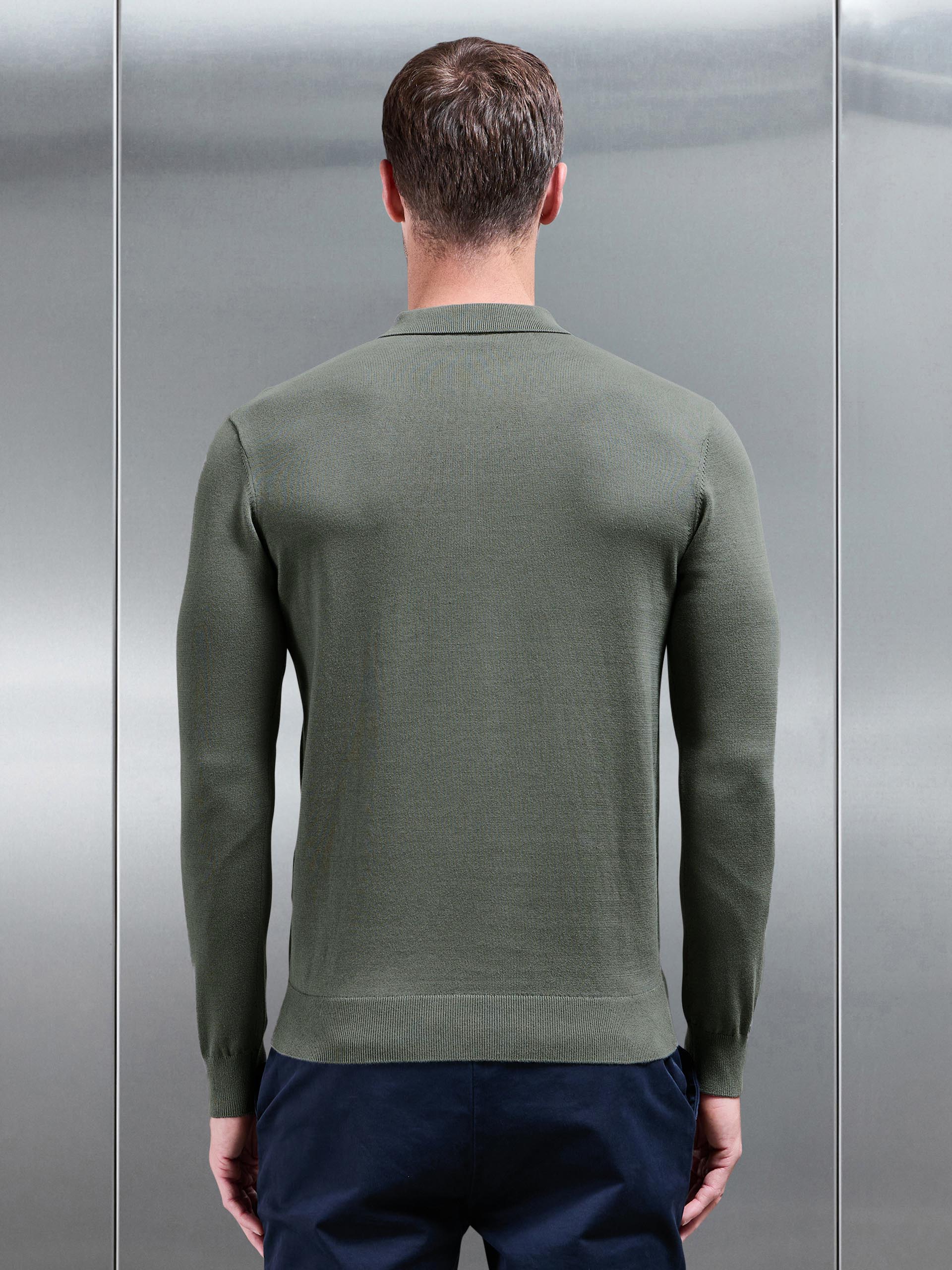 Cotton Knitted Long Sleeve Half Zip Polo Shirt in Sage
