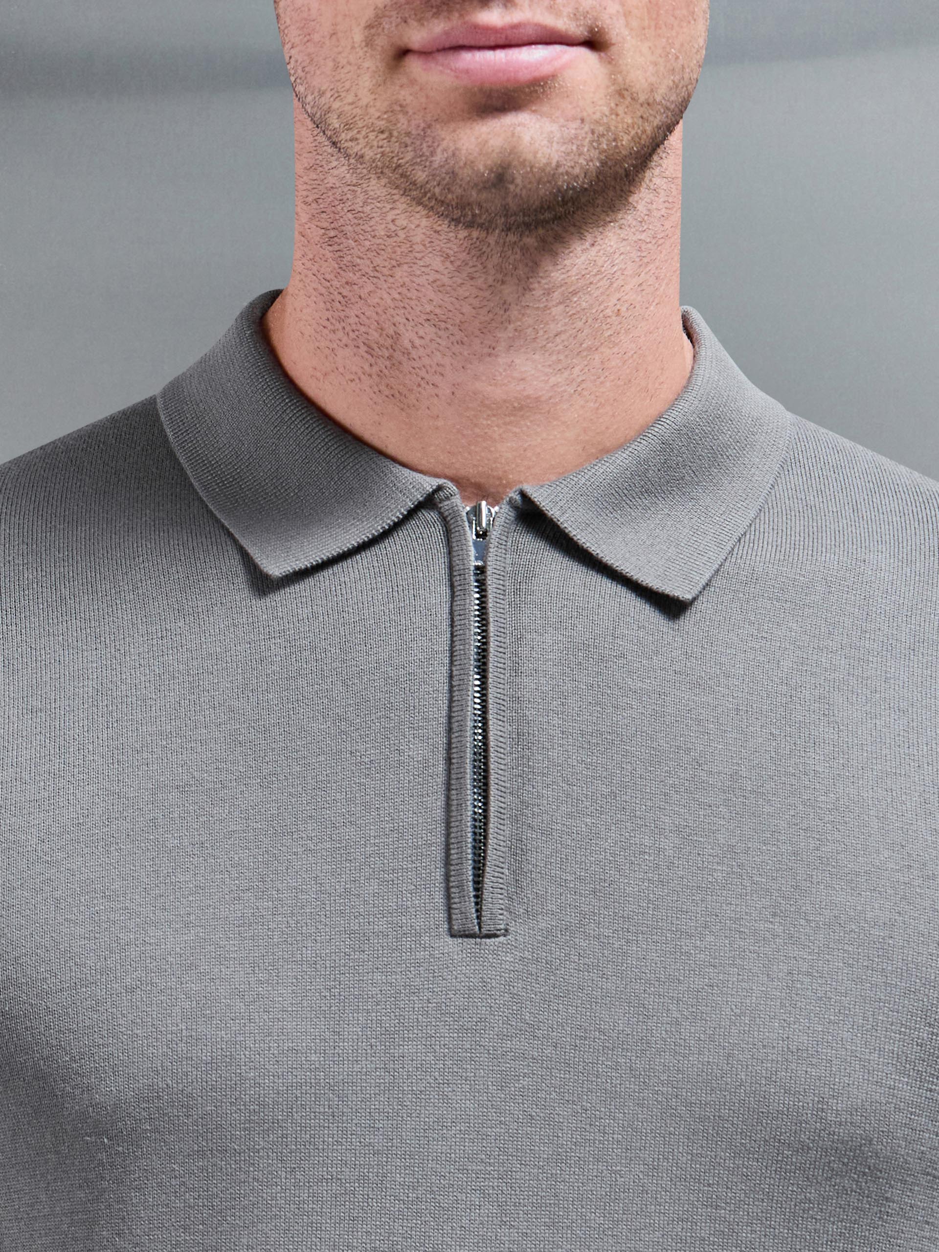 Mens Cotton Knitted Long Sleeve Half Zip Polo Shirt in Sage