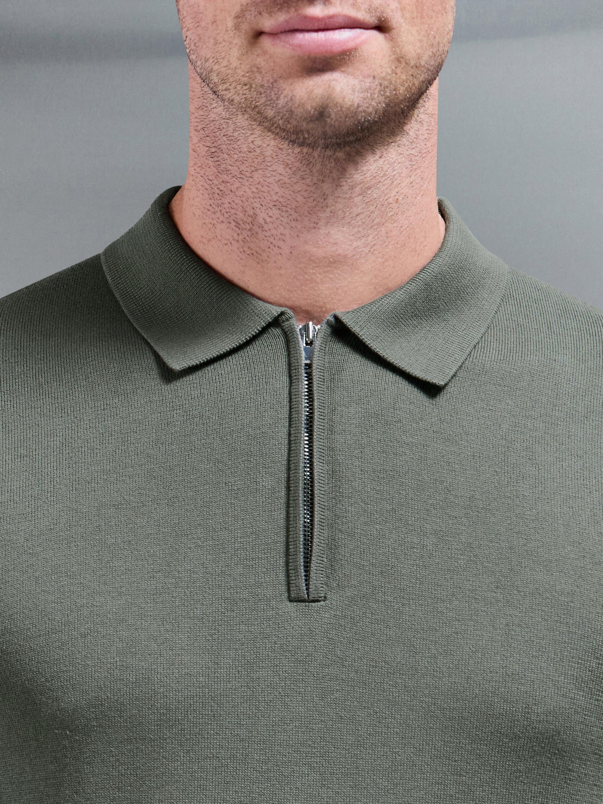 Cotton Knitted Long Sleeve Half Zip Polo Shirt in Sage