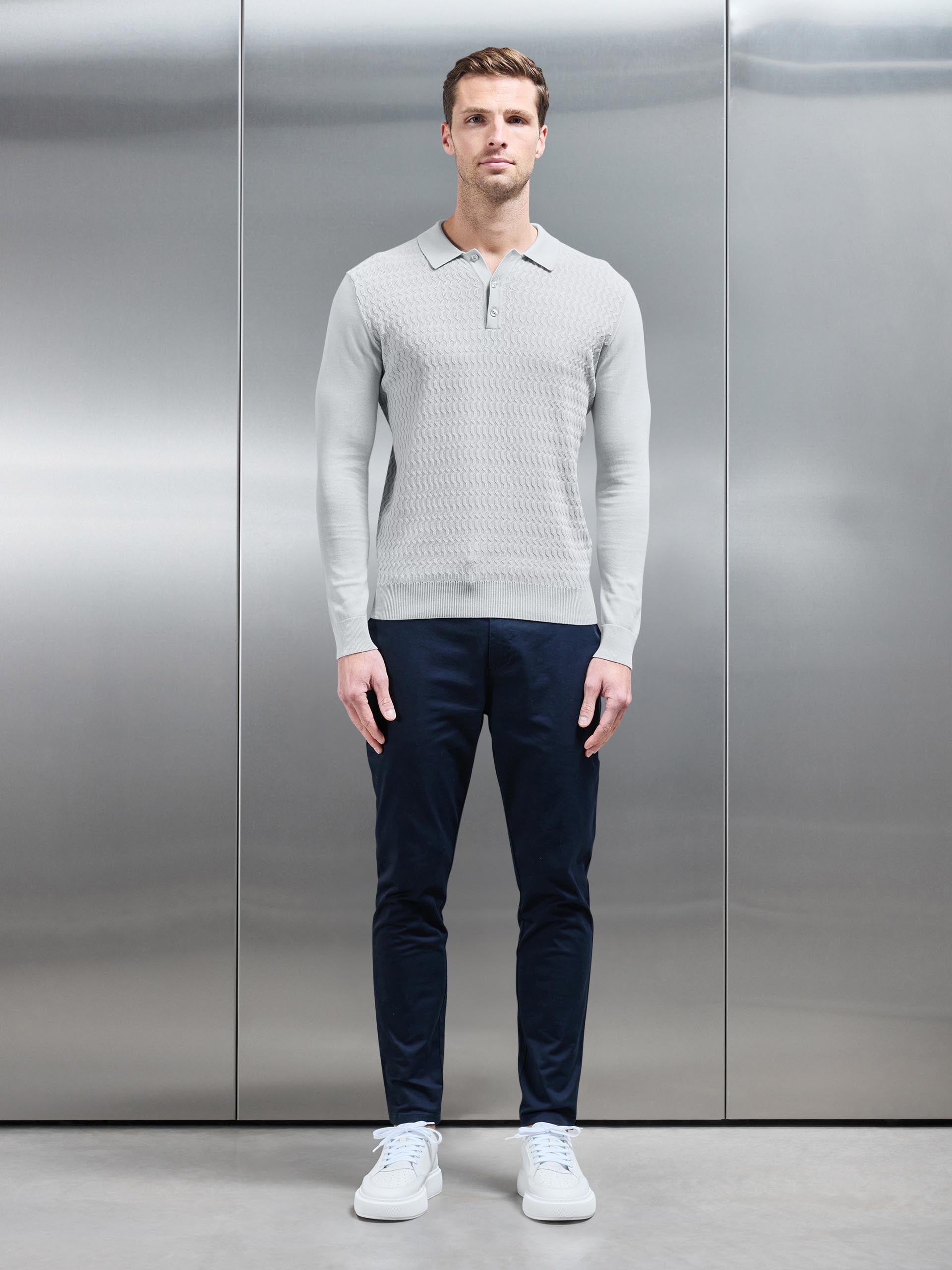 Mens Cotton Knitted Long Sleeve Textured Polo Shirt in Mid Grey