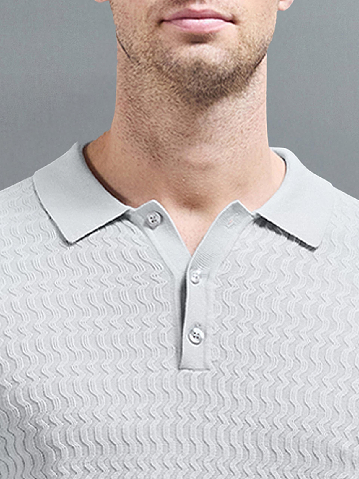 Cotton Knitted Long Sleeve Textured Polo Shirt in Mid Grey | ARNE US