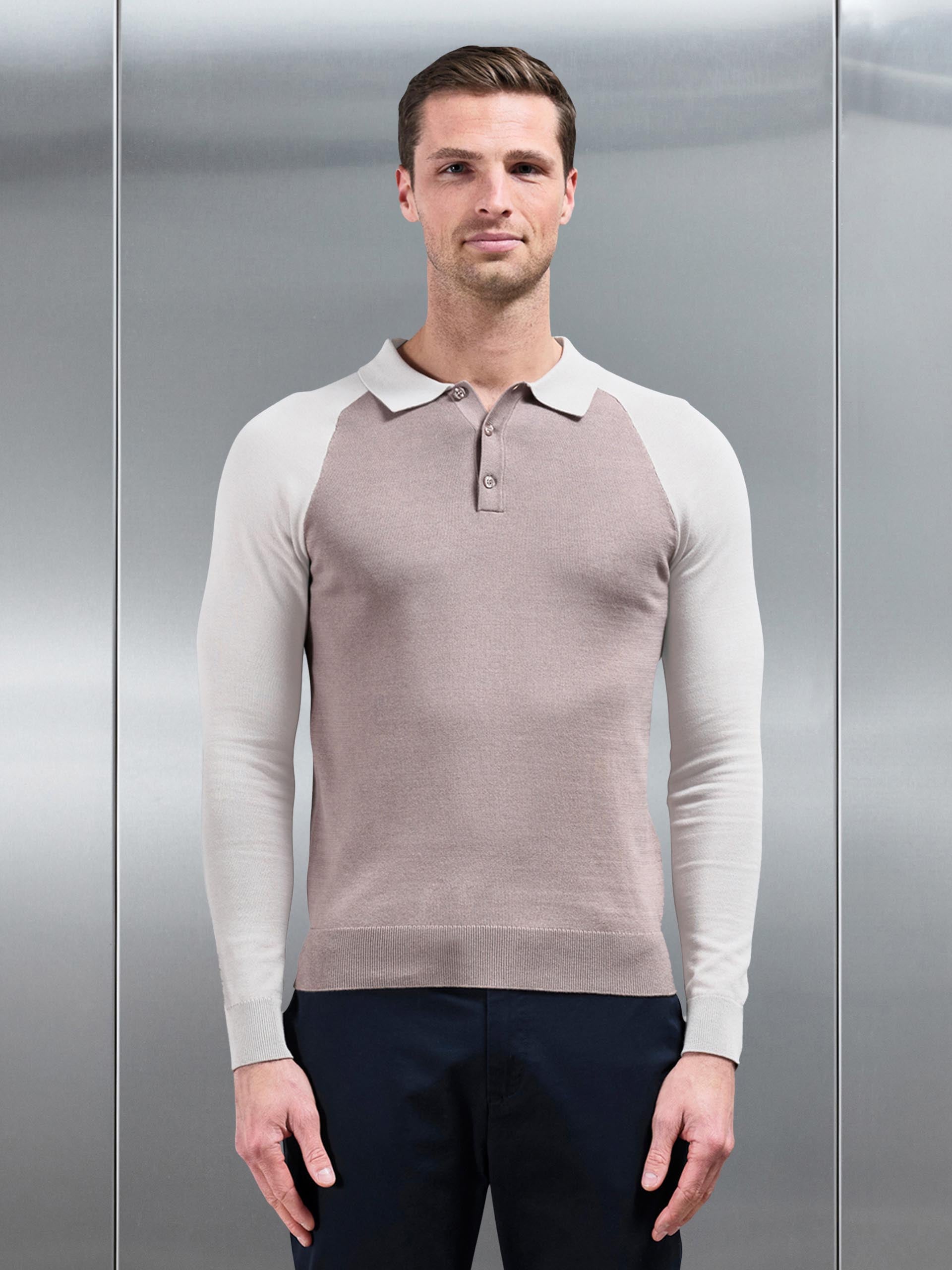 Mens Cotton Knitted Raglan Polo Shirt in Stone