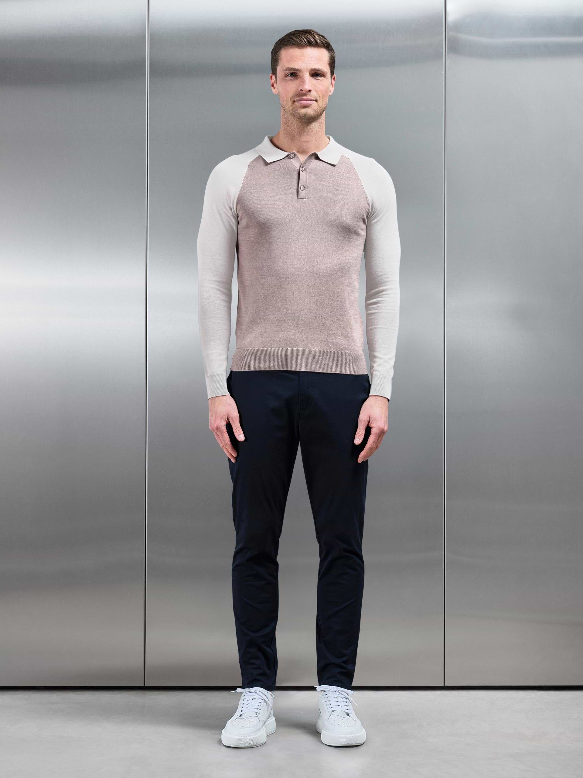 Mens Cotton Knitted Raglan Polo Shirt in Stone