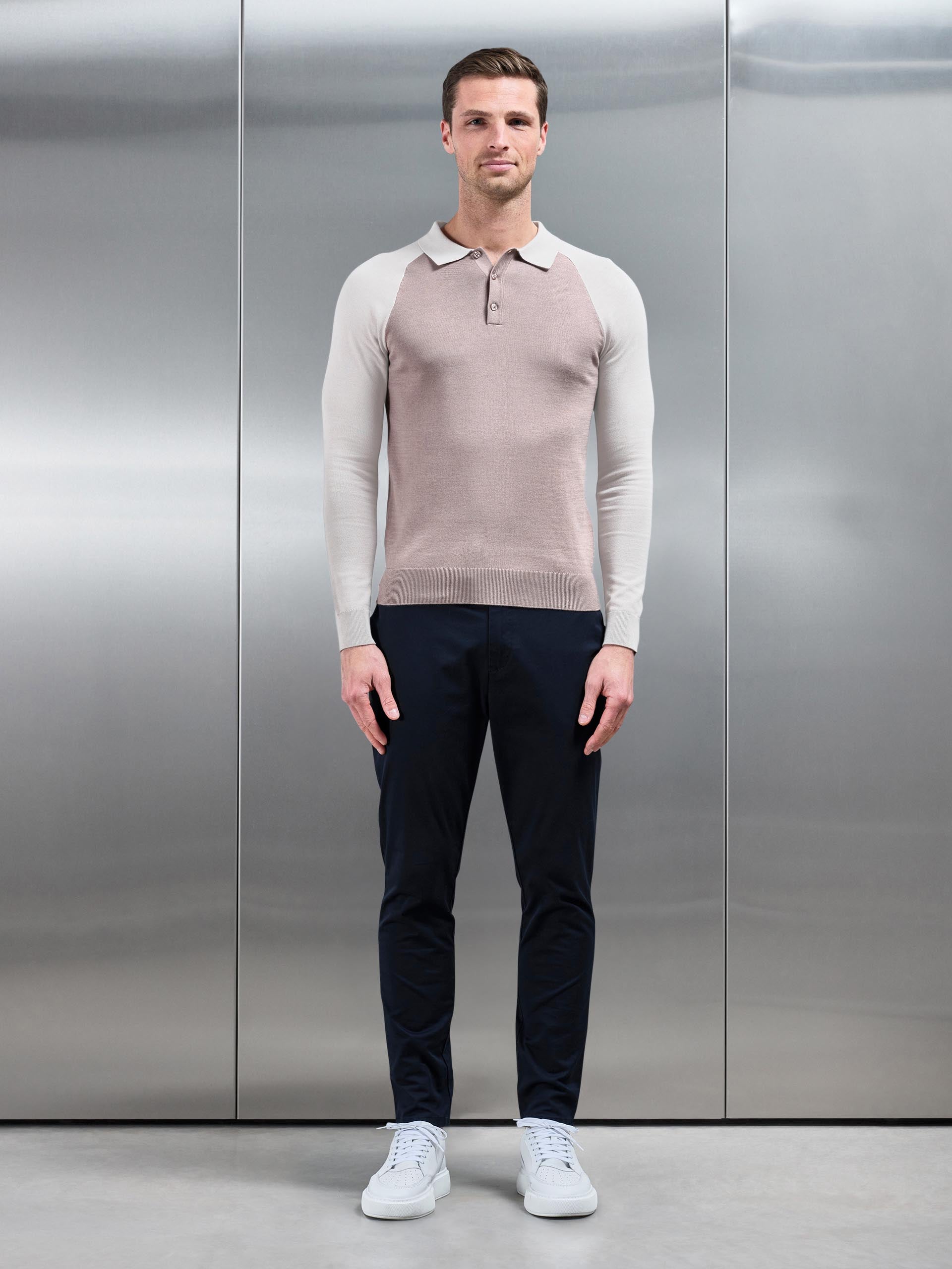 Mens Cotton Knitted Raglan Polo Shirt in Stone