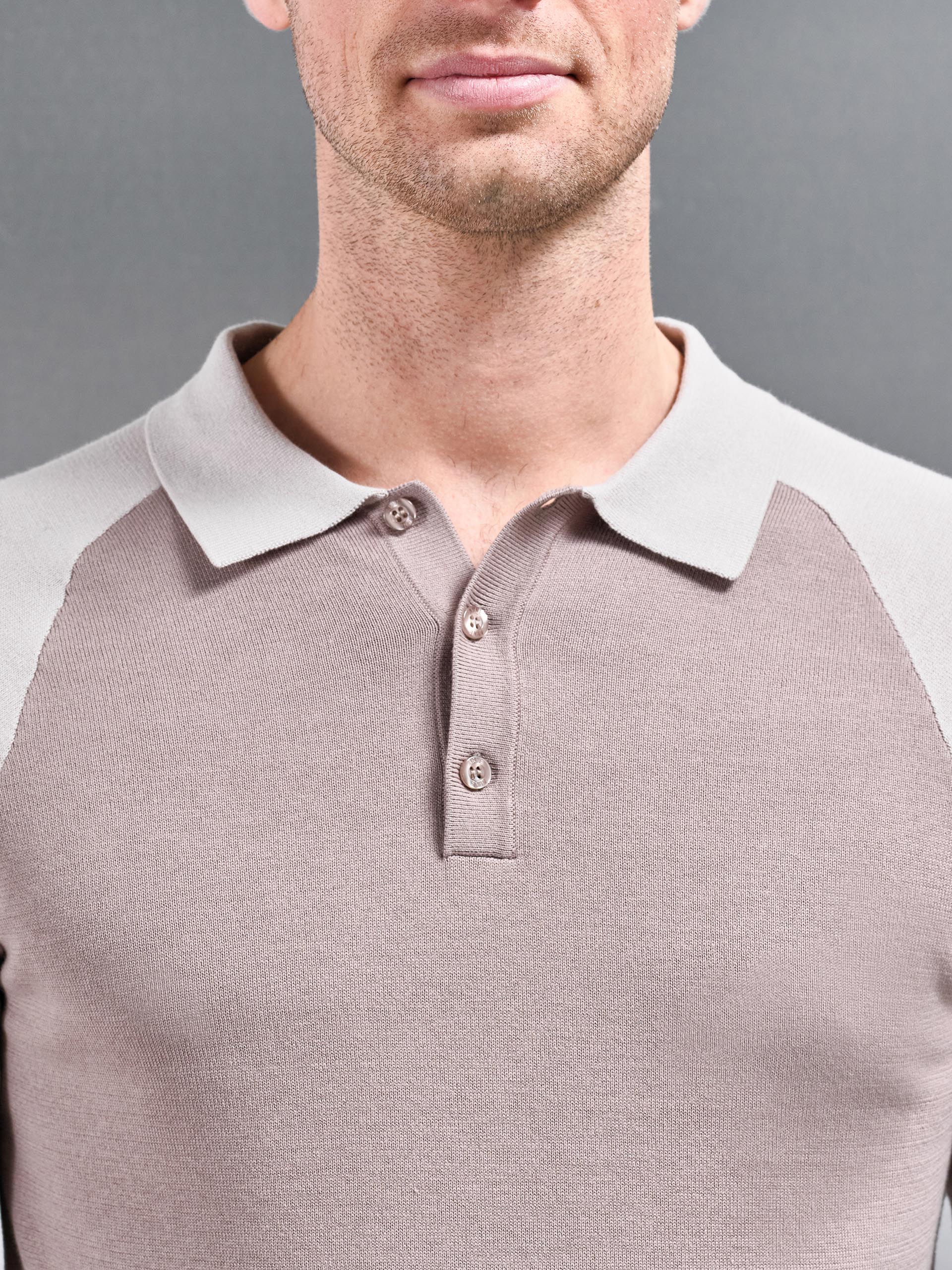 Mens Cotton Knitted Raglan Polo Shirt in Stone