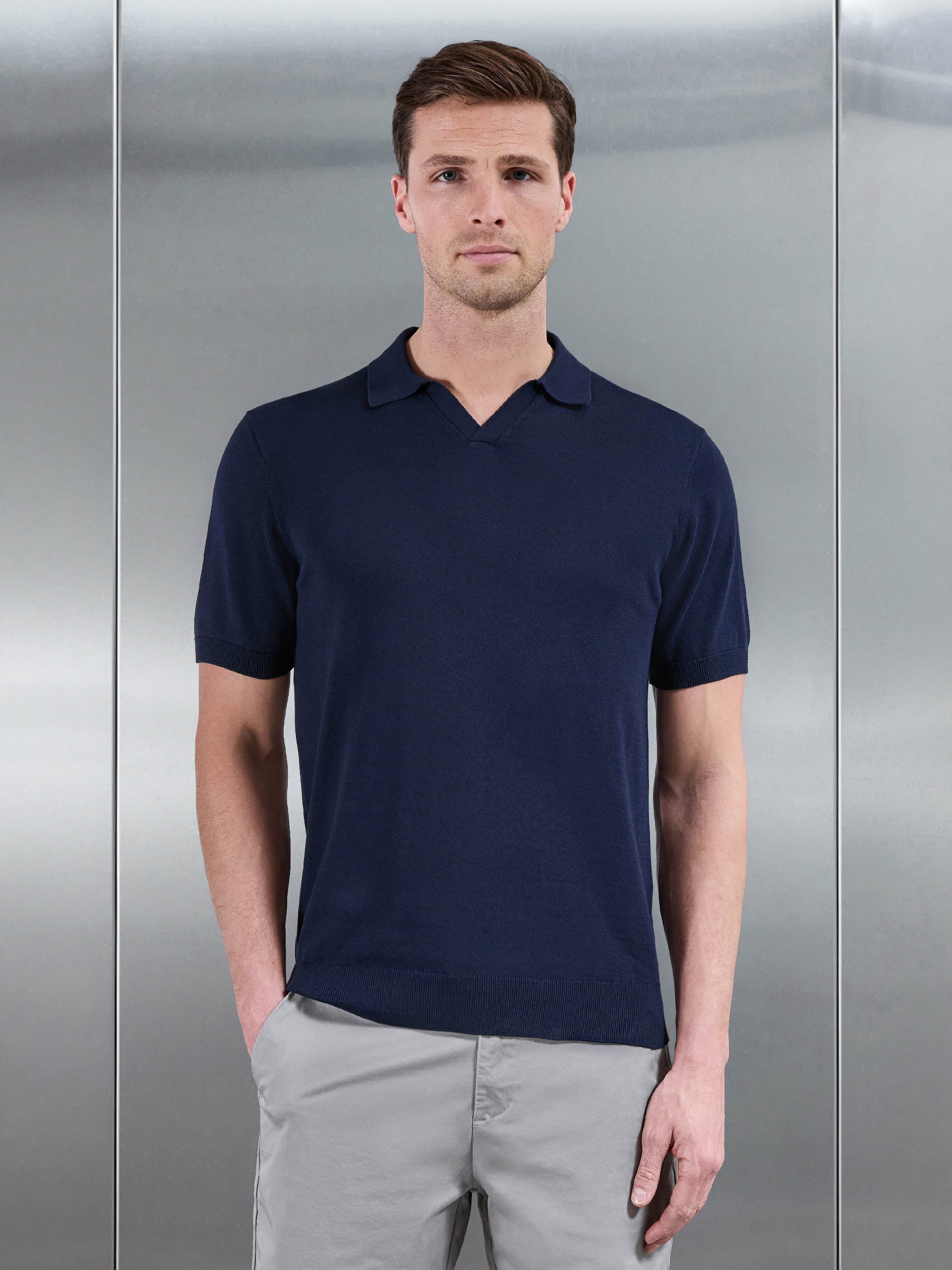 Mens Cotton Knitted Revere Collar Polo Shirt in Navy