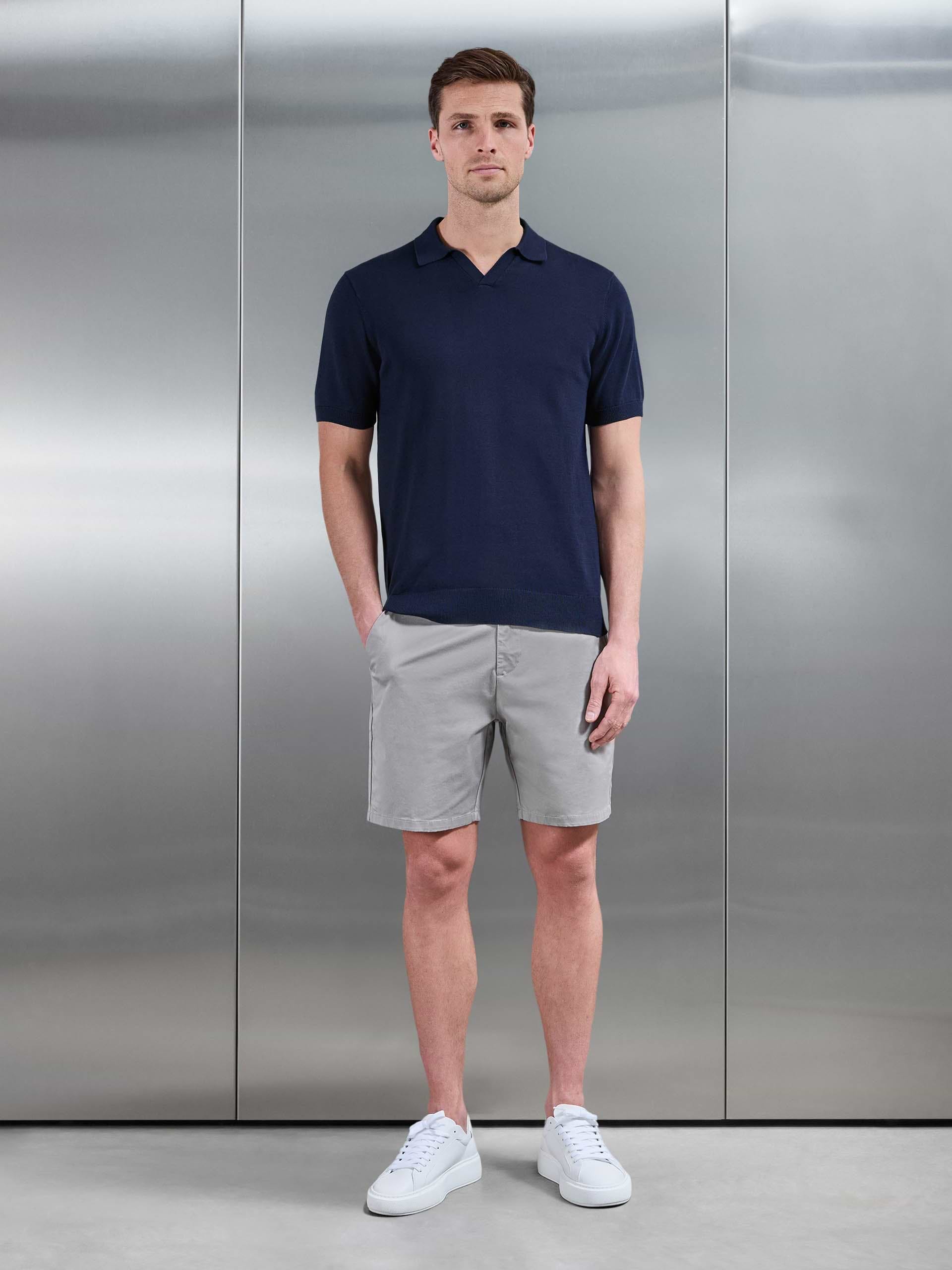 Mens Cotton Knitted Revere Collar Polo Shirt in Navy