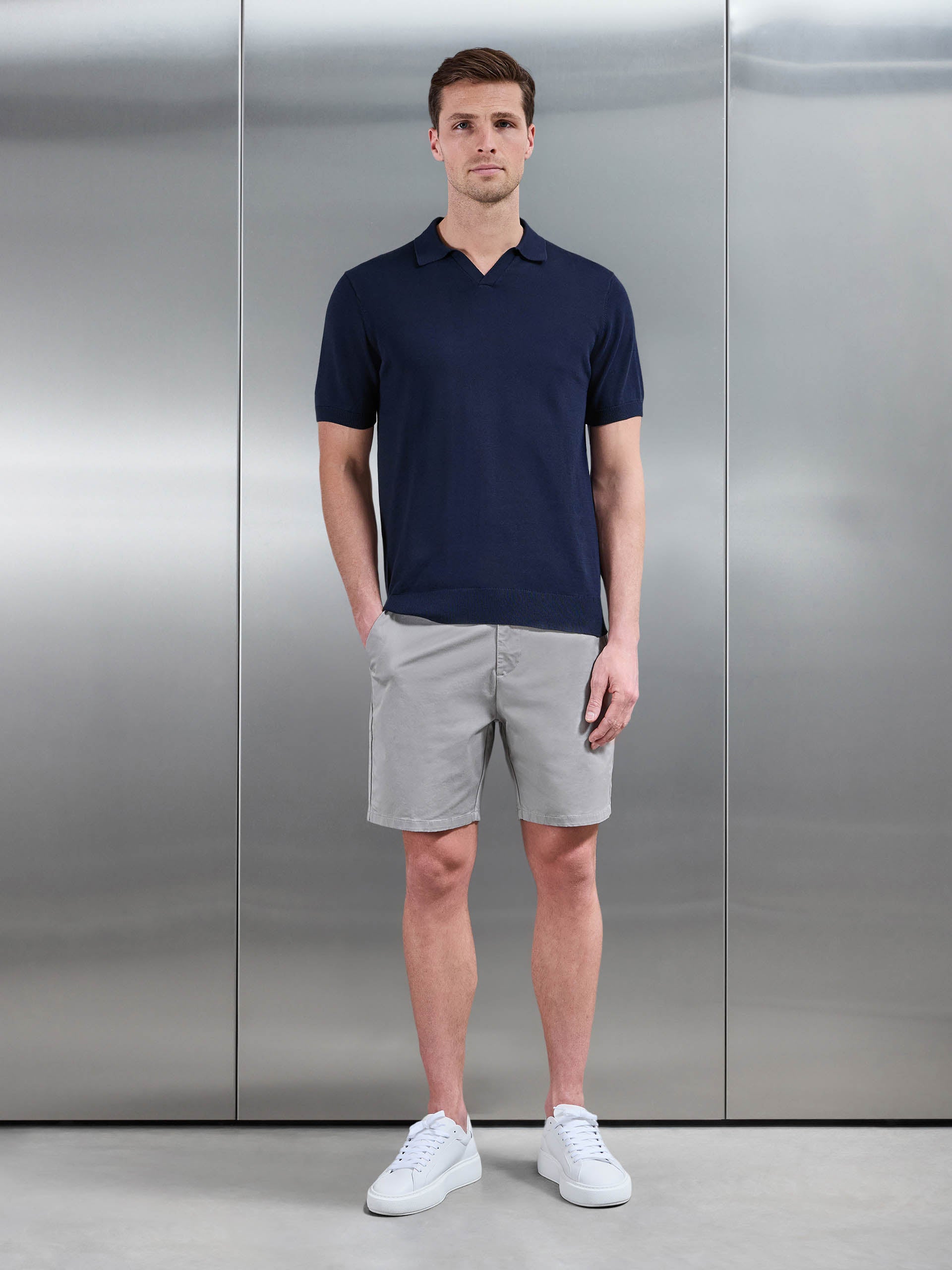 Mens Cotton Knitted Revere Collar Polo Shirt in Navy