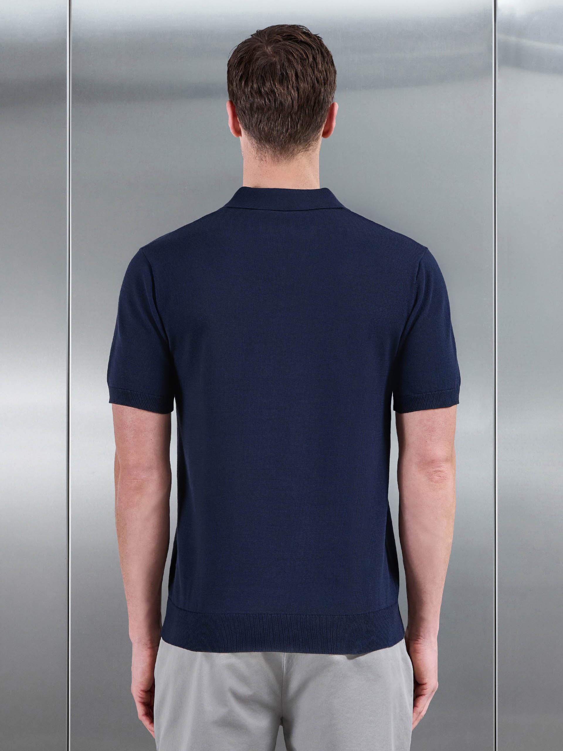 Mens Cotton Knitted Revere Collar Polo Shirt in Navy