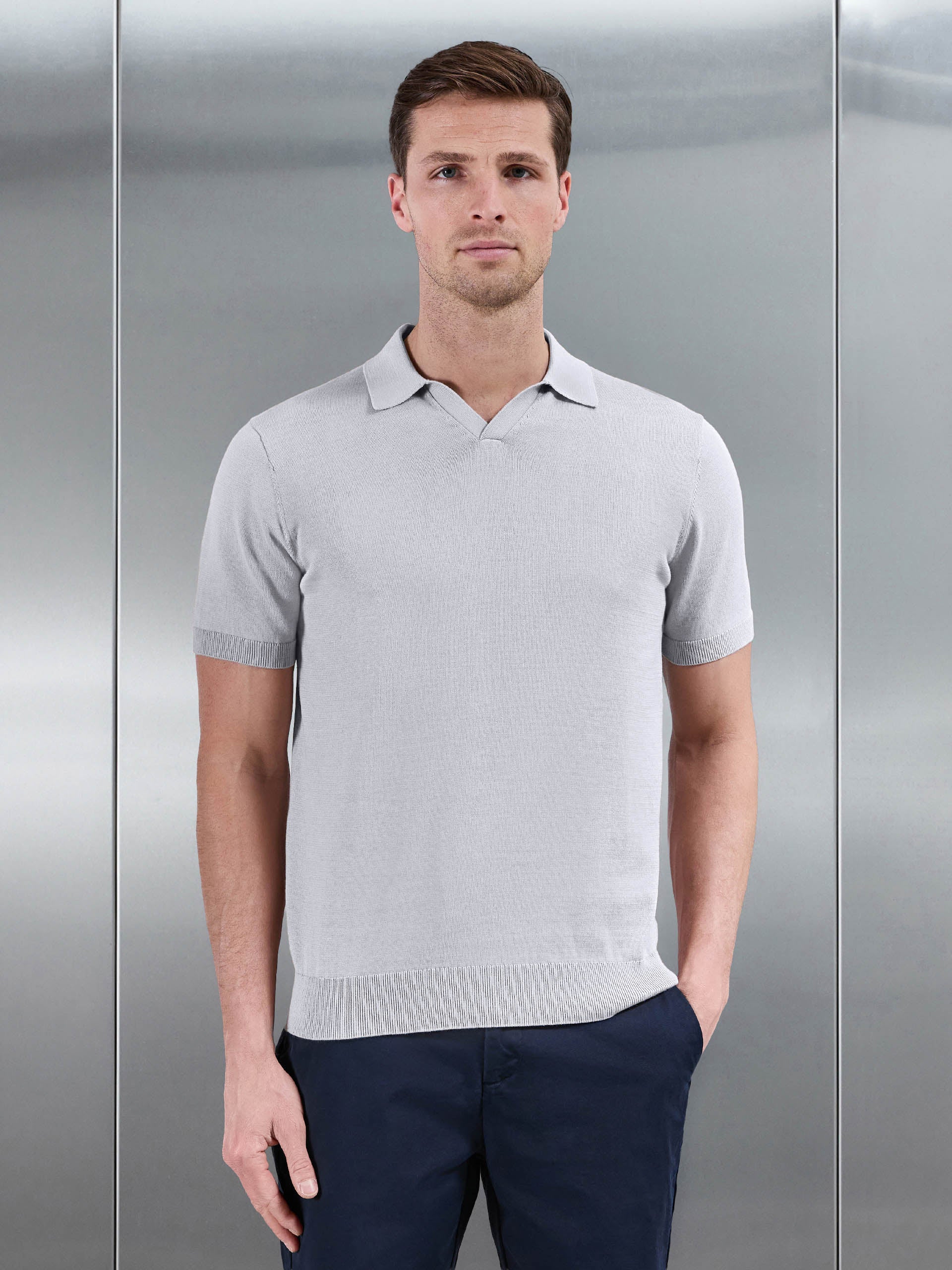 Mens Cotton Knitted Revere Collar Polo Shirt in Stone