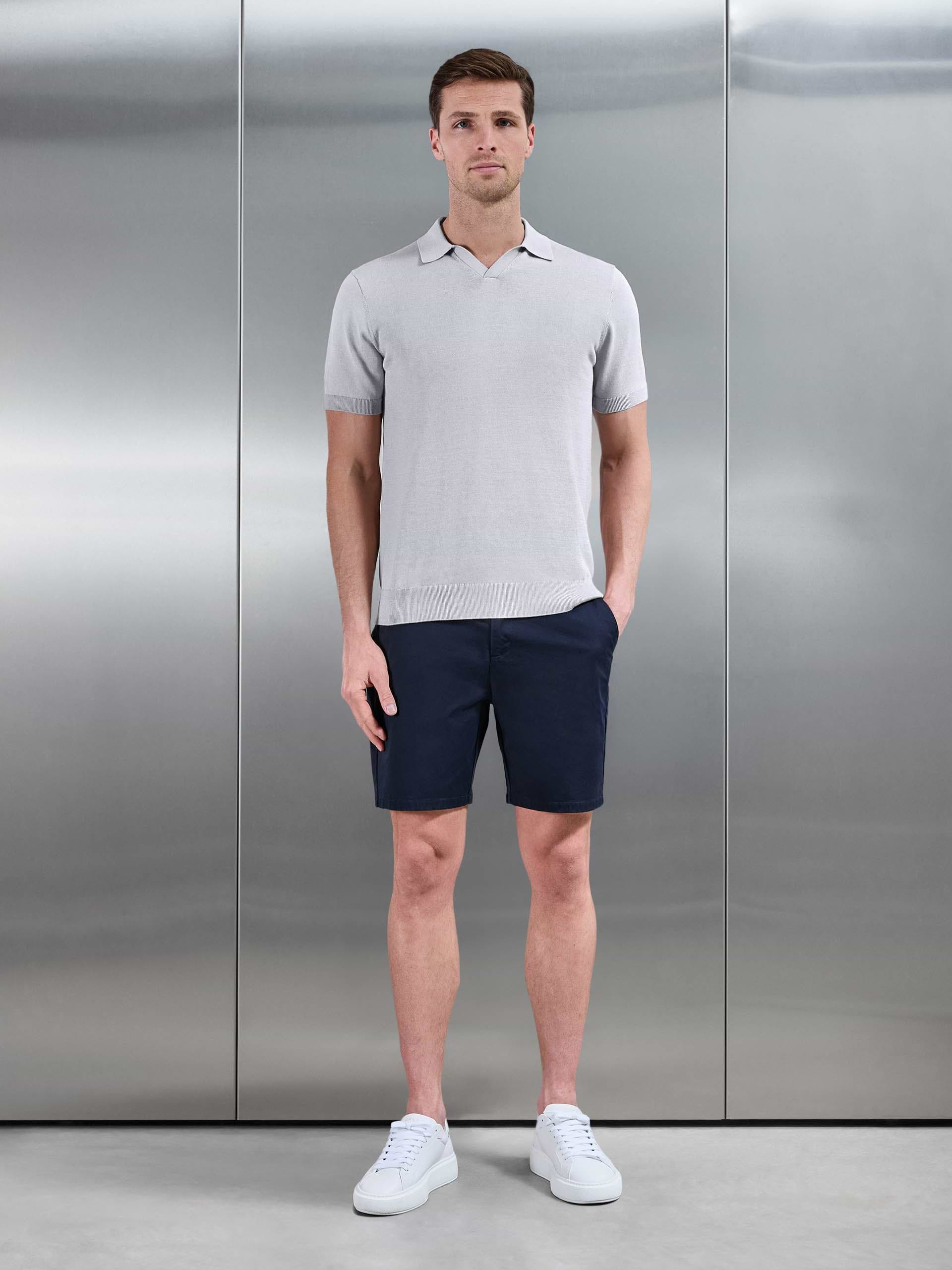 Mens Cotton Knitted Revere Collar Polo Shirt in Stone