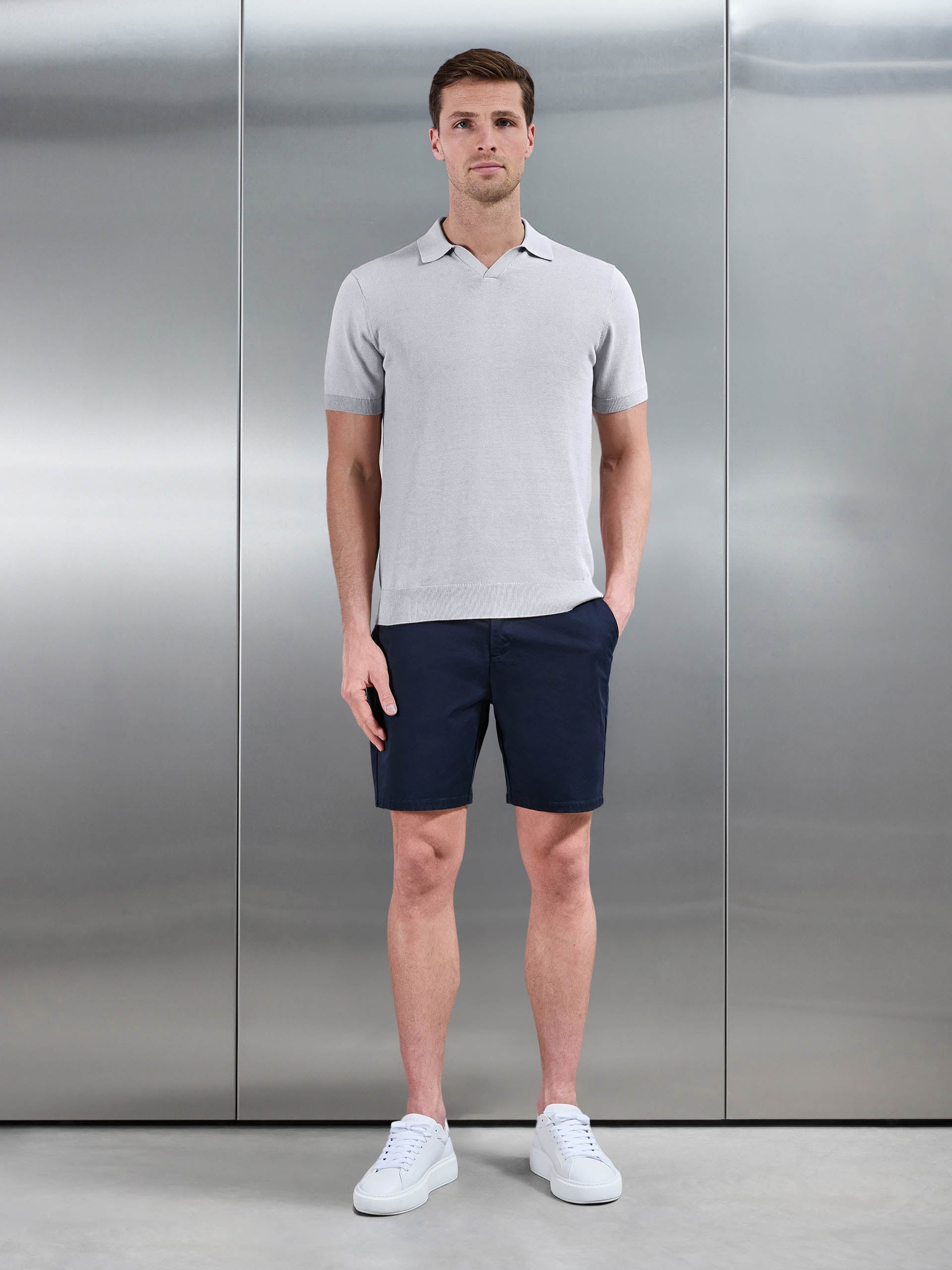 Mens Cotton Knitted Revere Collar Polo Shirt in Stone