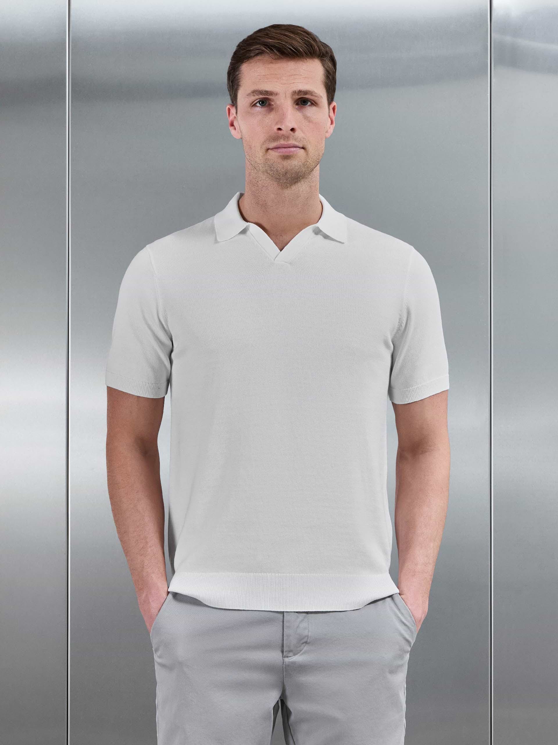 Cotton Knitted Revere Collar Polo Shirt in White