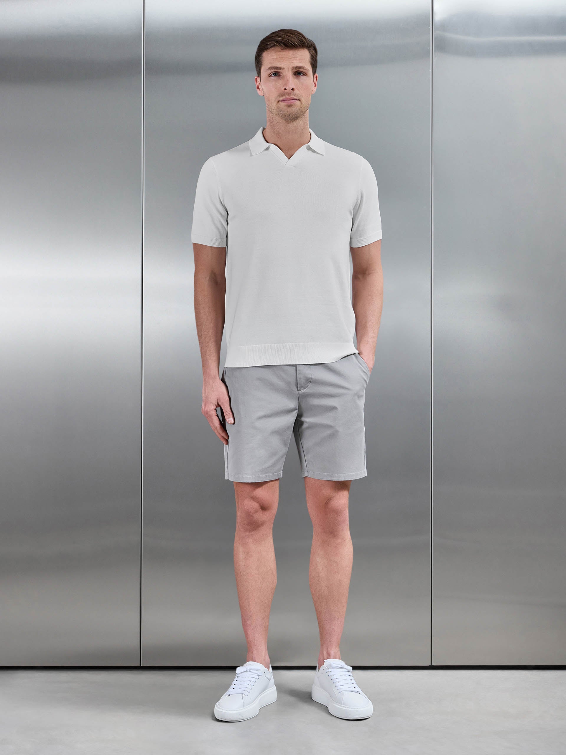 Mens Cotton Knitted Revere Collar Polo Shirt in White
