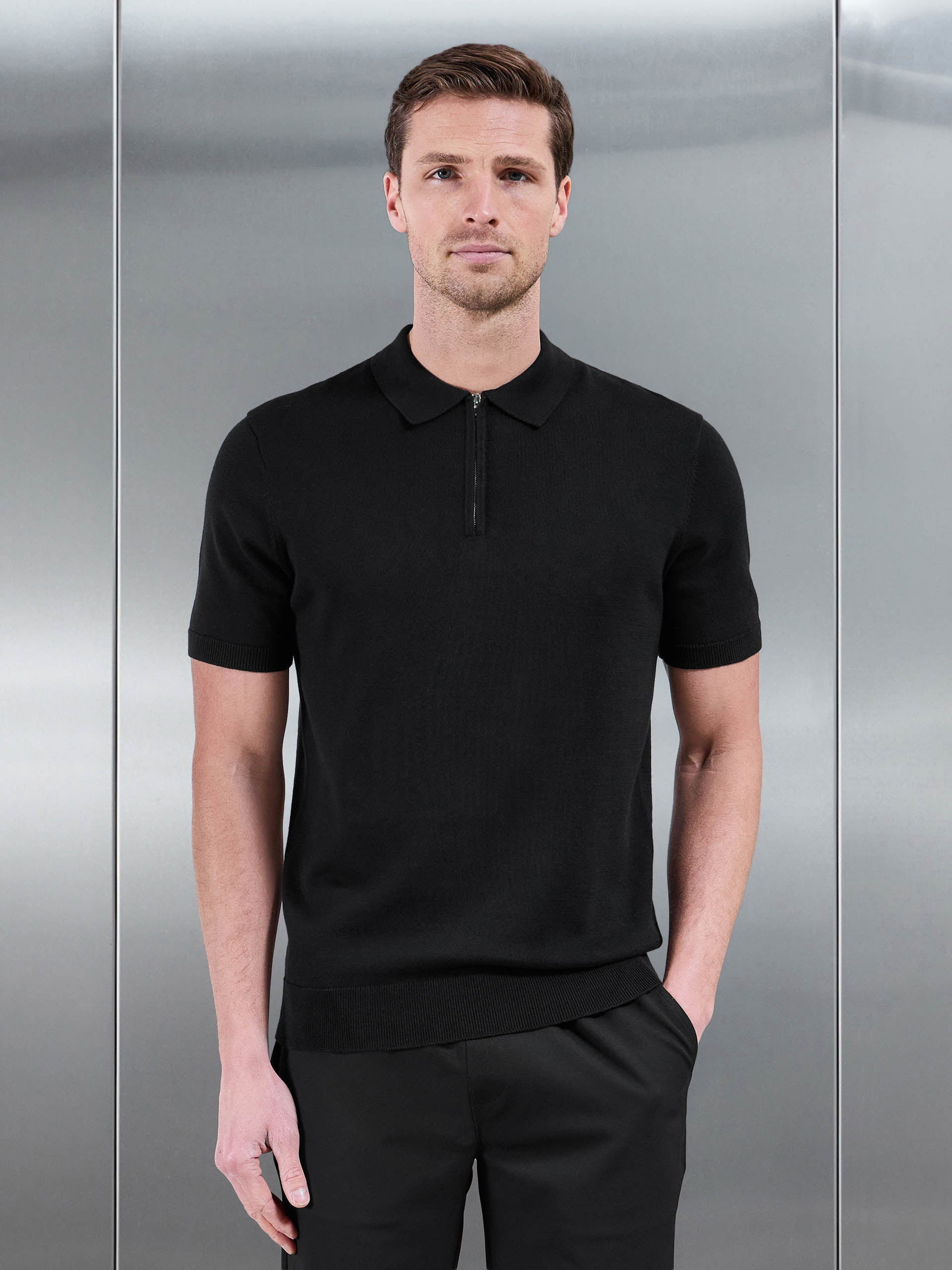 Mens Cotton Knitted Zip Polo Shirt in Black