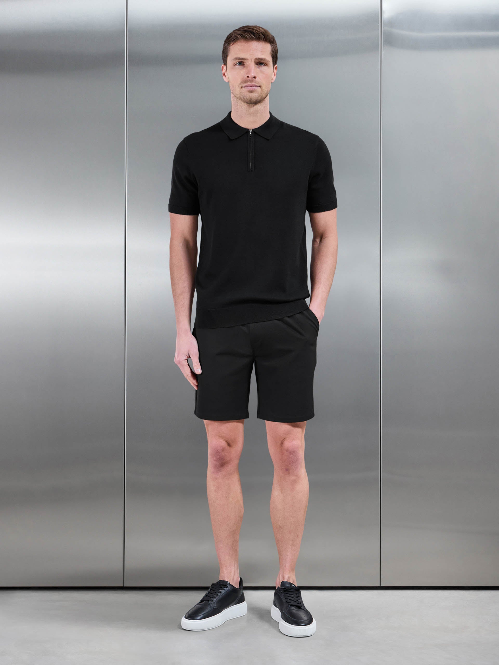 Mens Cotton Knitted Zip Polo Shirt in Black