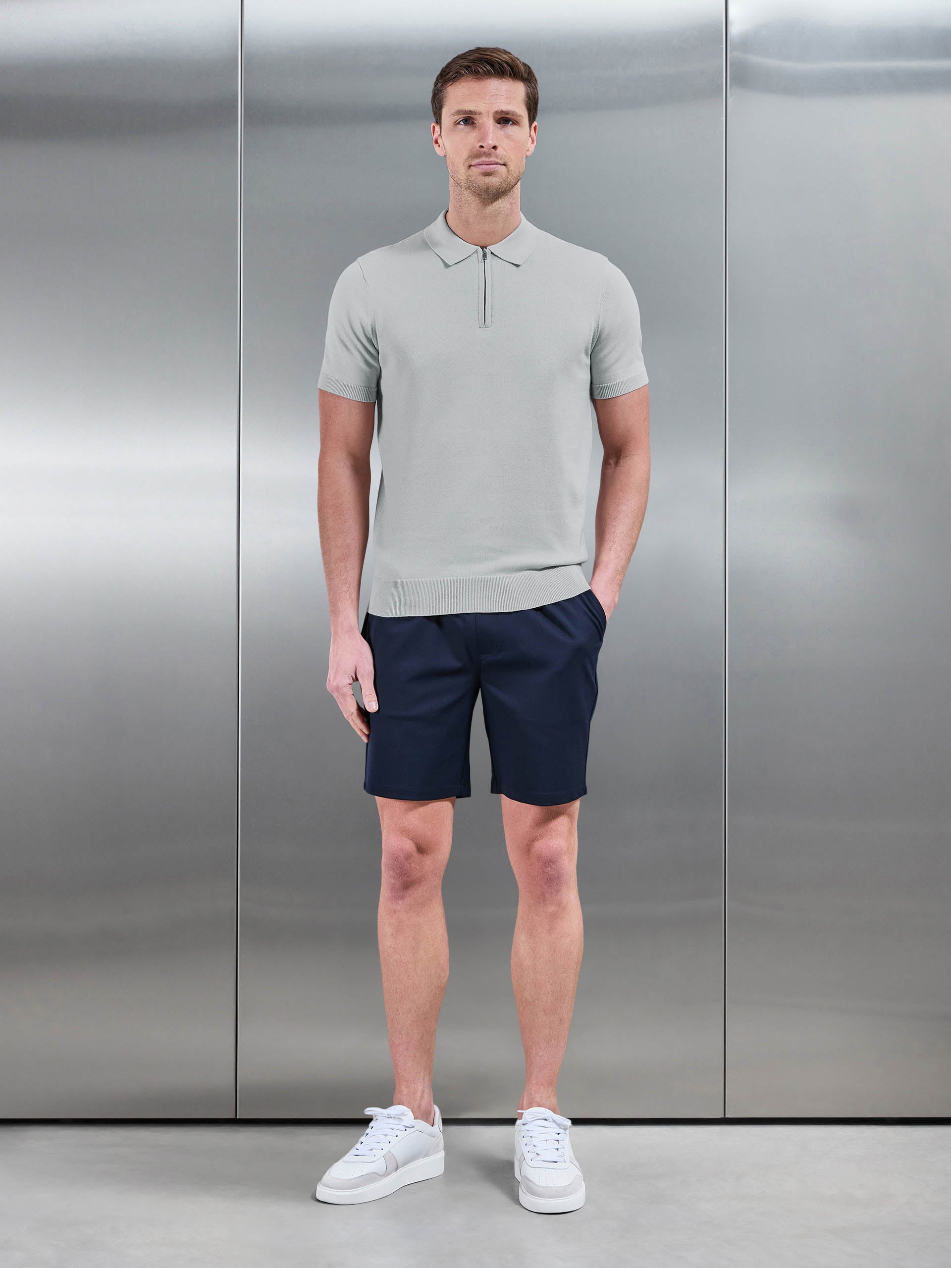 Mens Cotton Knitted Zip Polo Shirt in Mid Grey
