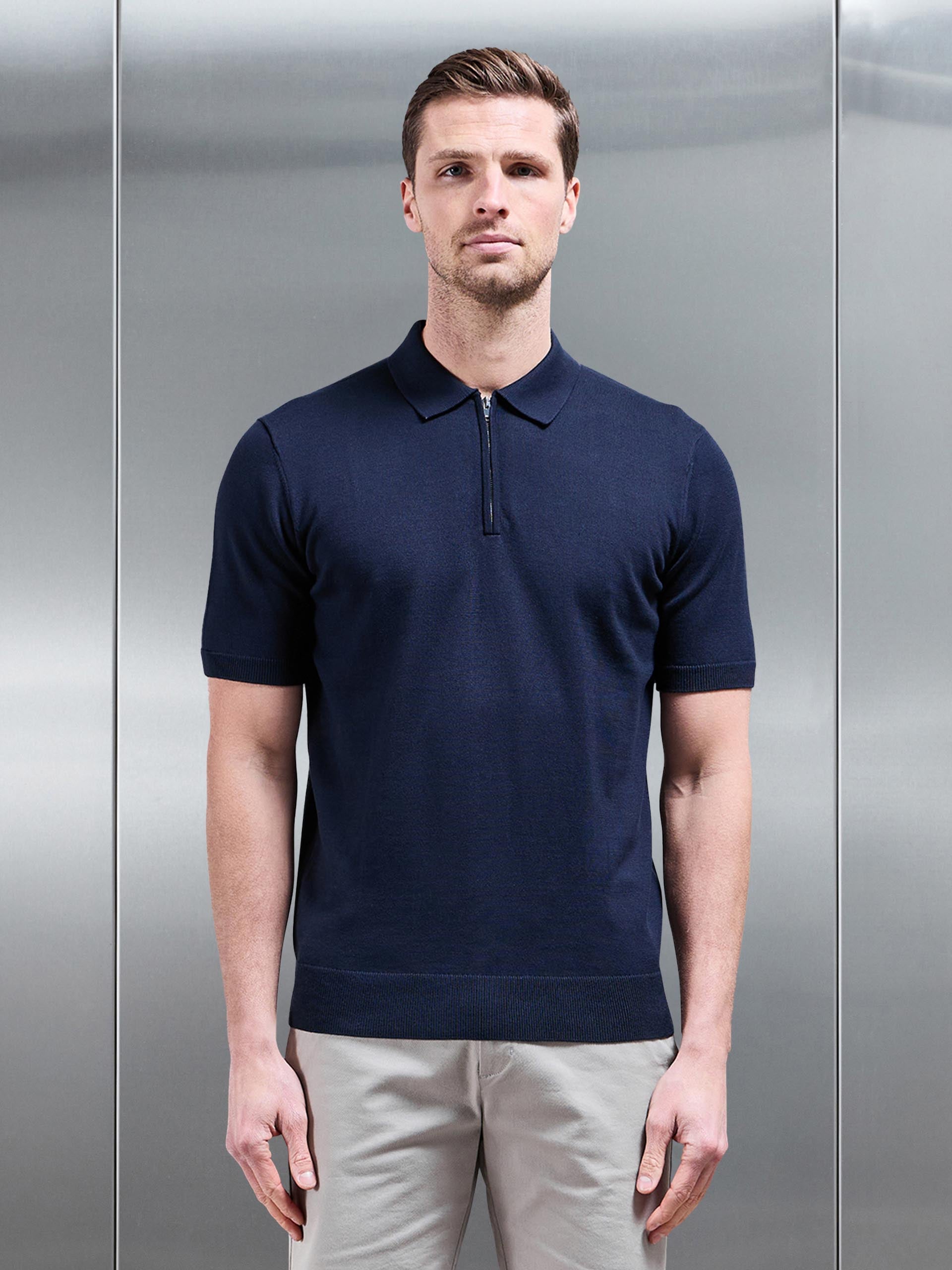 Mens Cotton Knitted Zip Polo Shirt in Navy