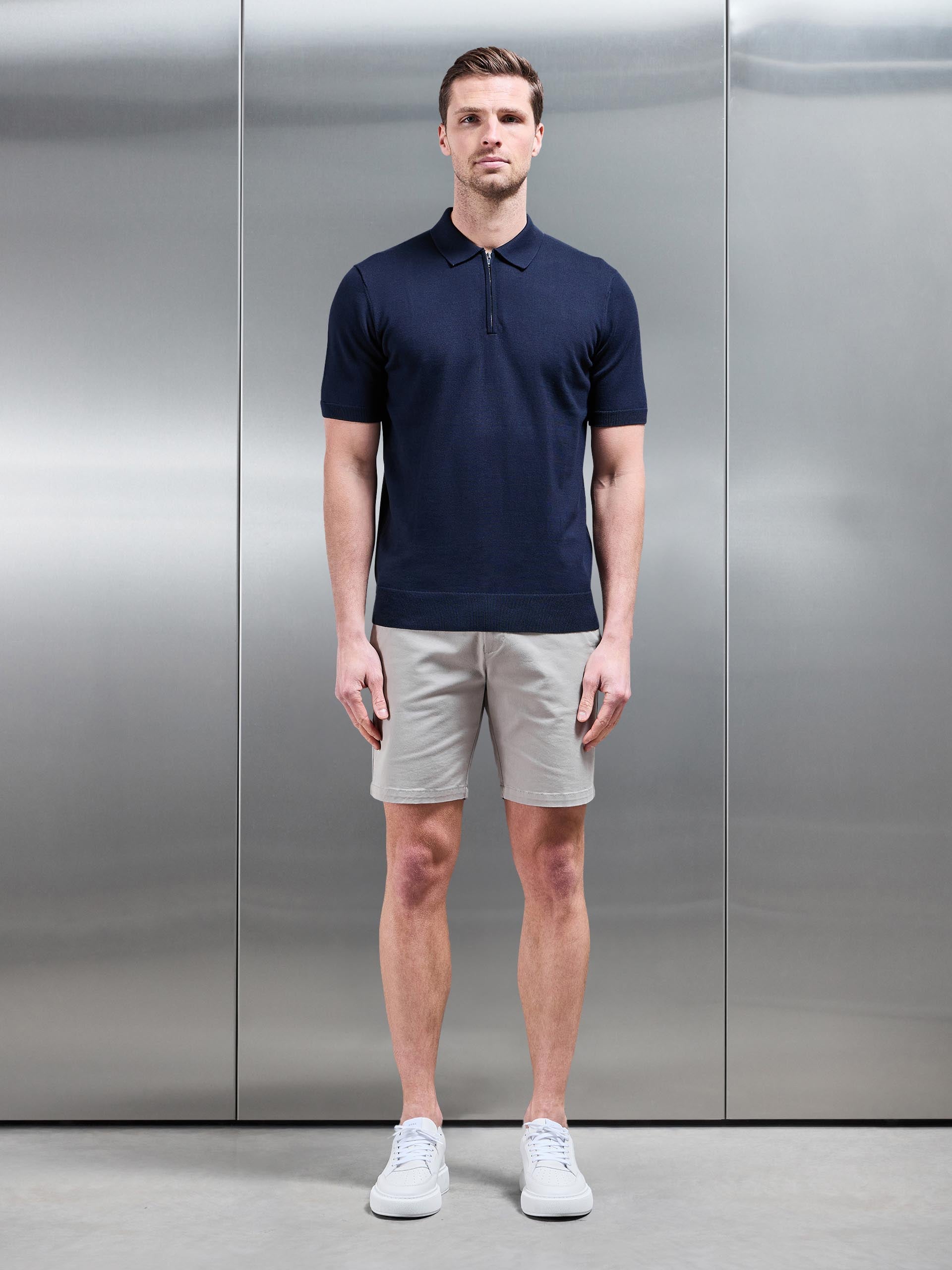 Mens Cotton Knitted Zip Polo Shirt in Navy