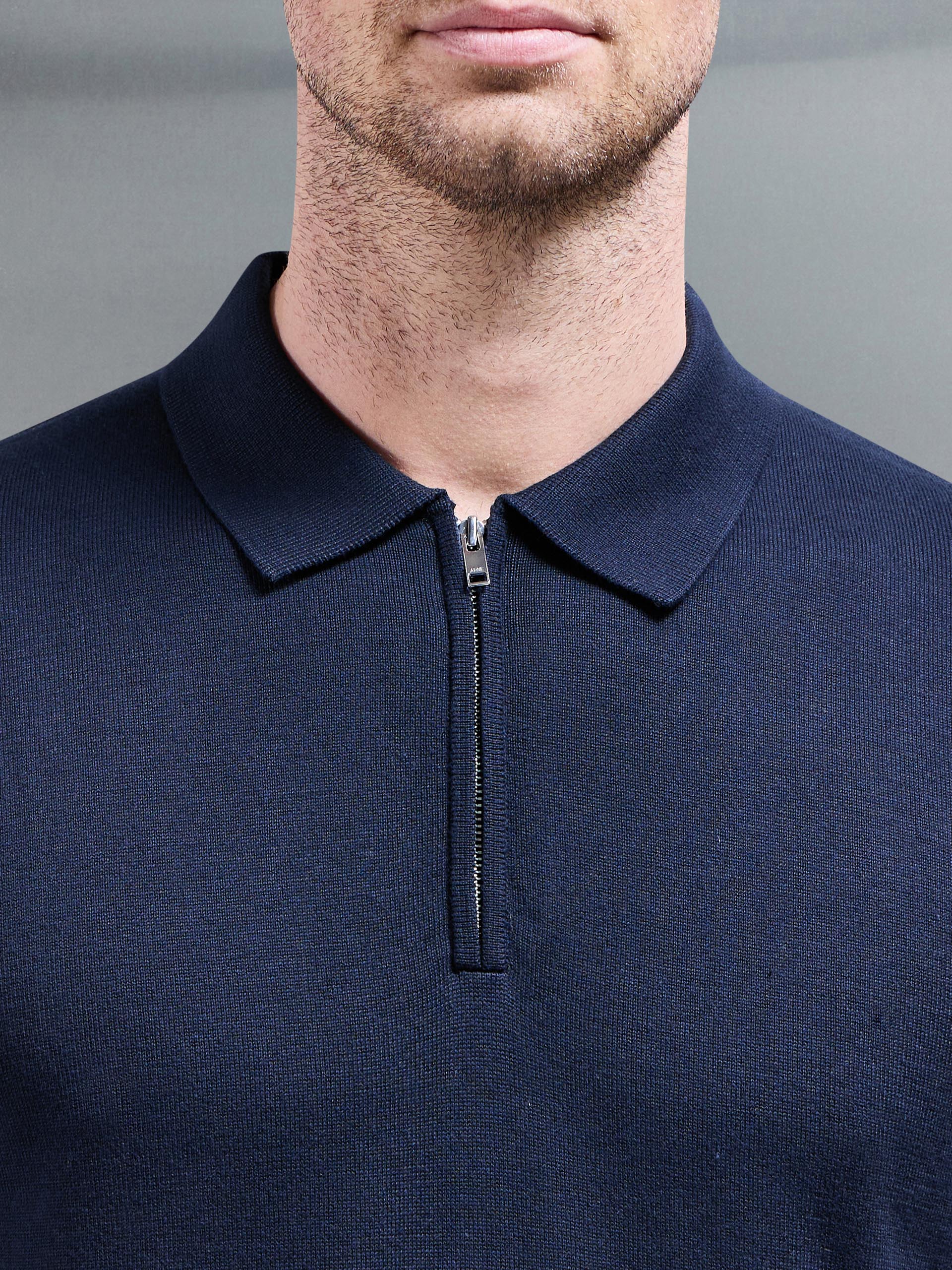 Mens Cotton Knitted Zip Polo Shirt in Navy