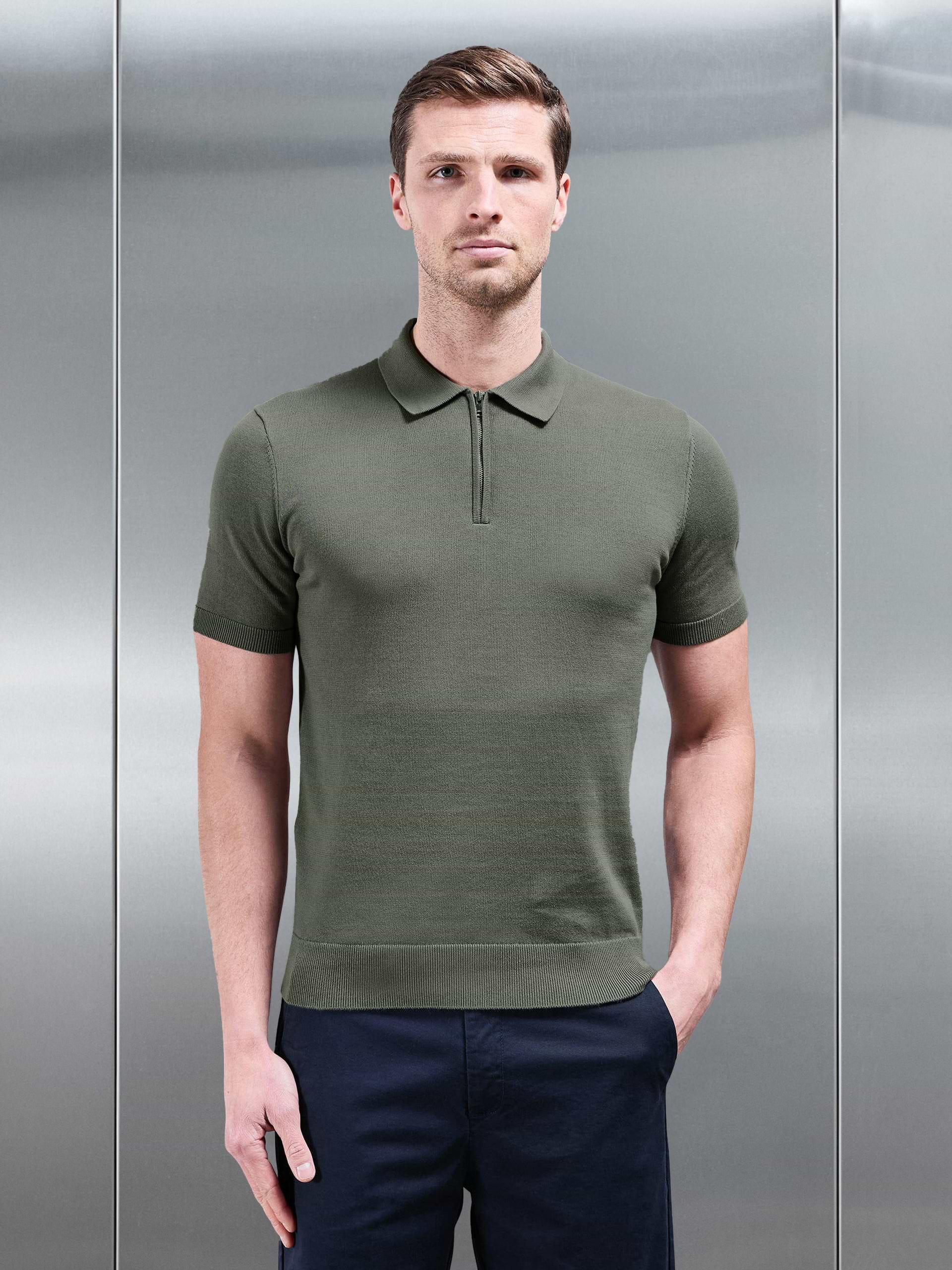 Cotton Knitted Zip Polo Shirt in Sage