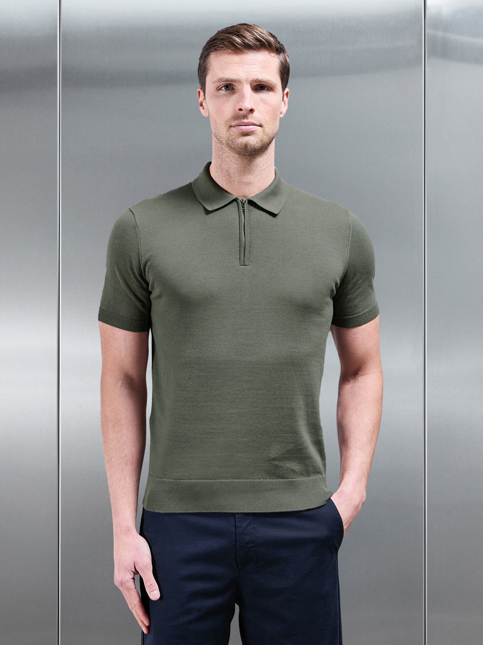 Cotton Knitted Zip Polo Shirt in Sage